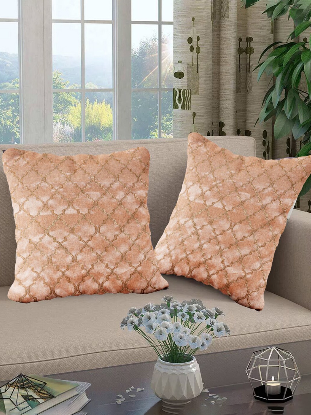 

INDHOME LIFE 2 Pieces Beige Embroidered Silk Square Cushion Covers