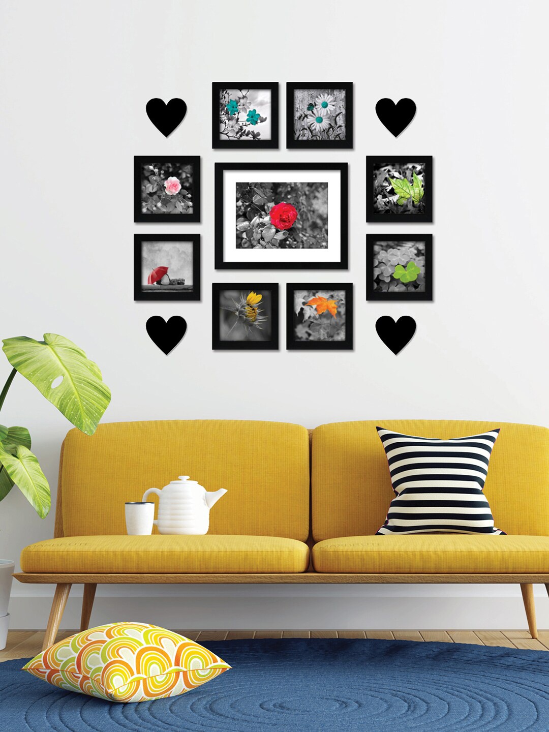 

nest ART Black 9 Pieces Photo Frames With 4 Heart Plaque