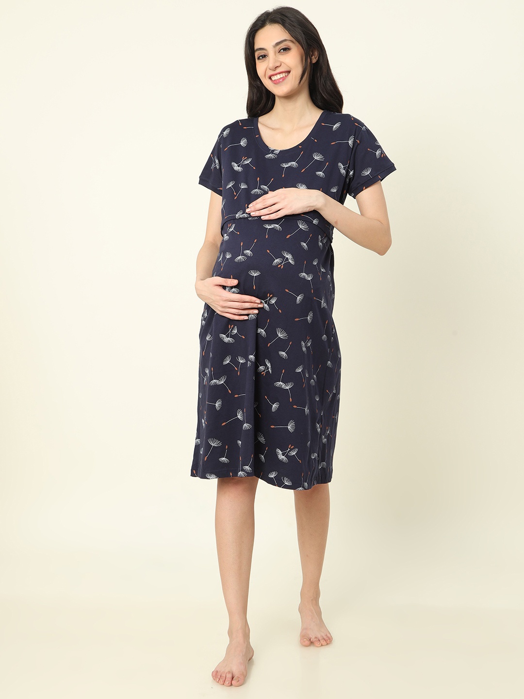 

9shines Label Hosiery Cotton Knee Length Feeding Maternity Nightdress, Blue