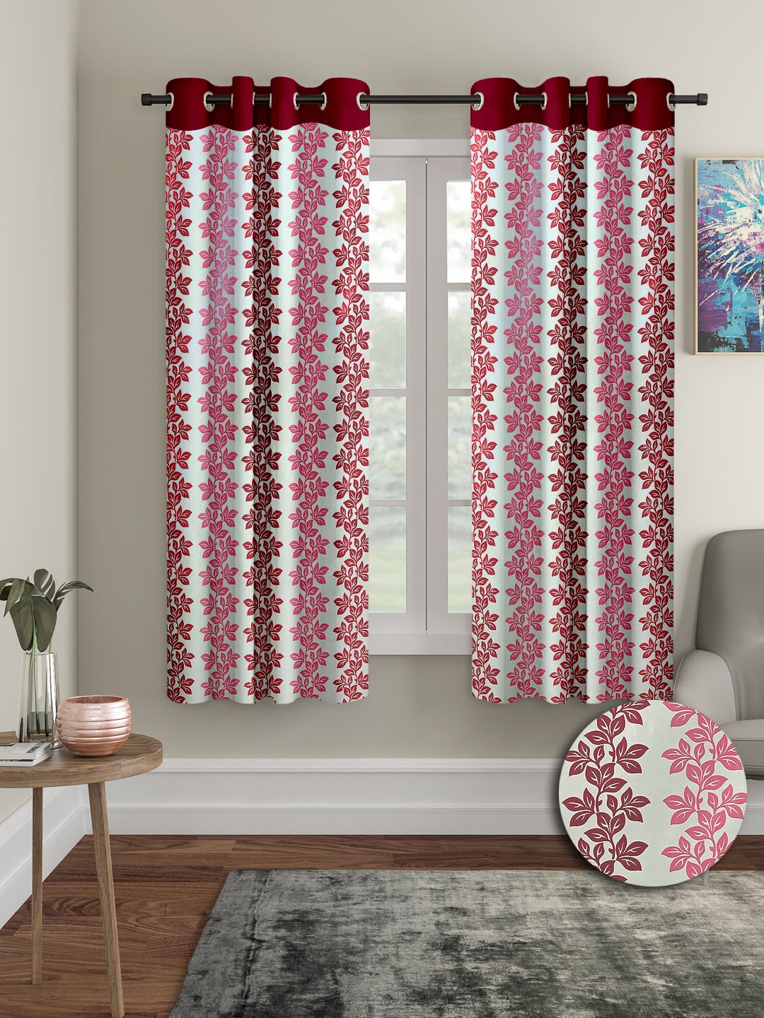 Cortina Maroon & White 2 Pieces Leaf Printed Window Curtains