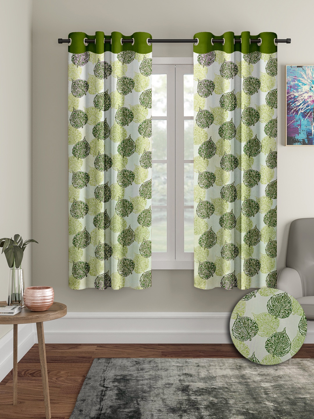 

Cortina White & Green 2 Pieces Leaf Printed Window Curtains