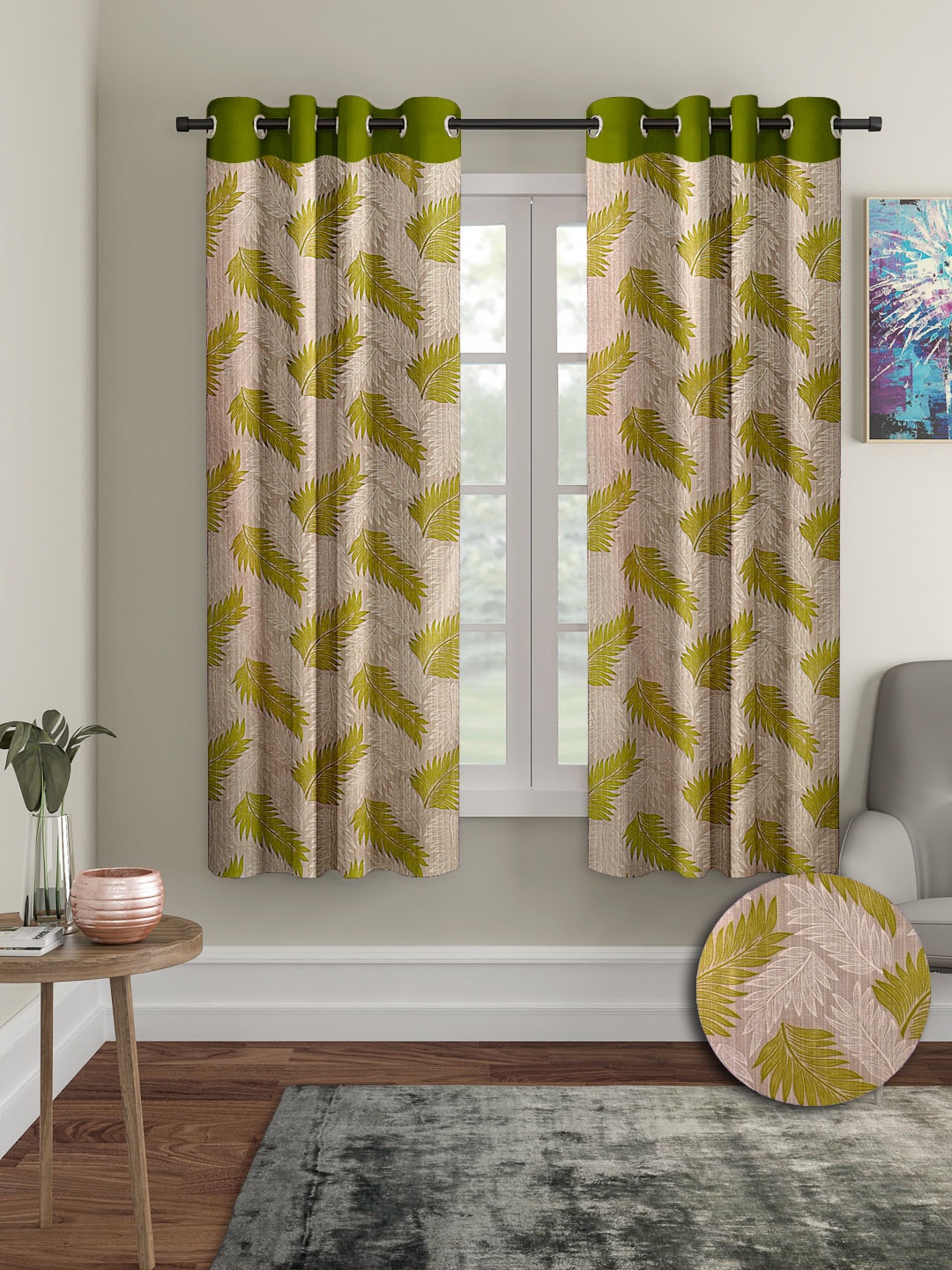 

Cortina Green & Cream-Coloured 2 Pieces Leaf Printed Window Curtains, Olive