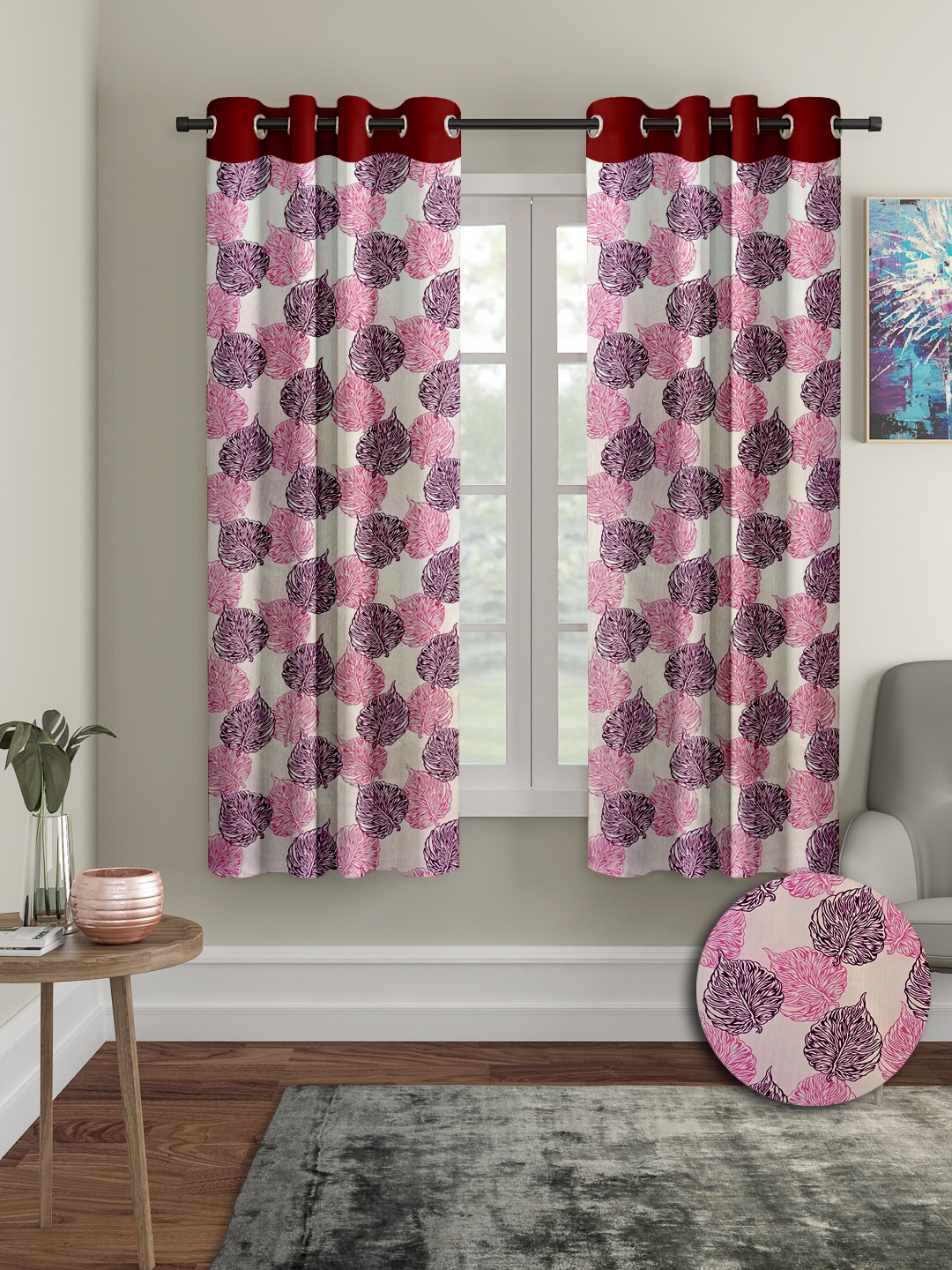 Cortina Maroon & White 2 Pieces Leaf Printed Window Curtains