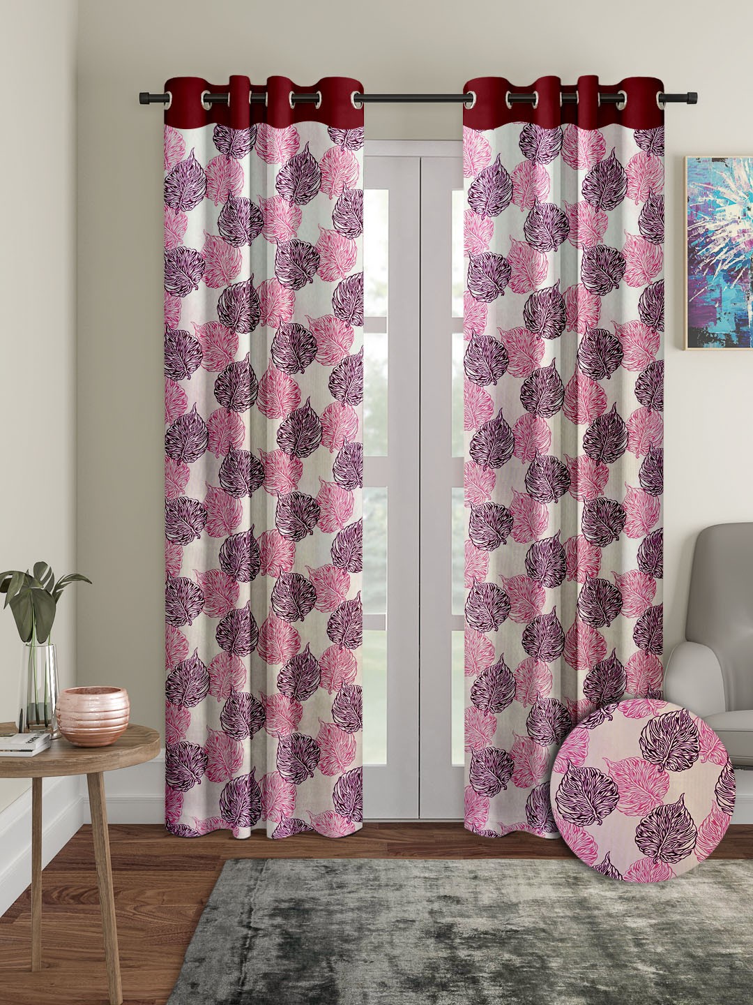 

Cortina Maroon & White 2 Pieces Leaf Printed Door Curtains