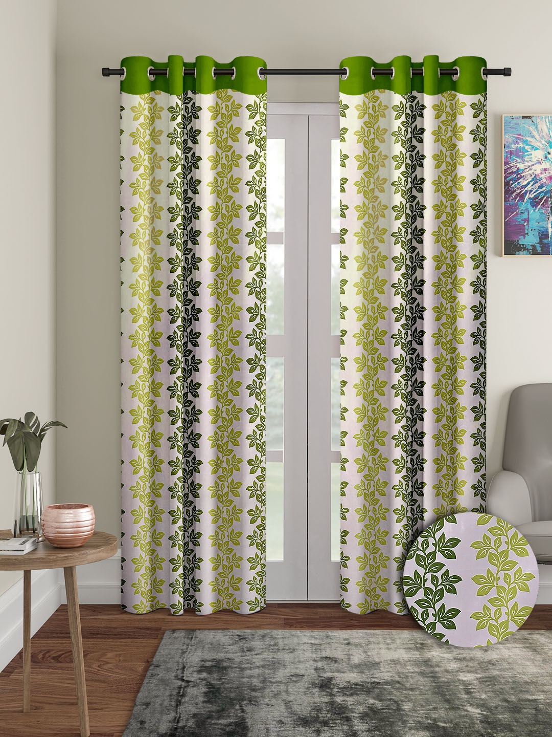 Cortina Olive Green & White 2 Pieces Leaf Printed Door Curtains