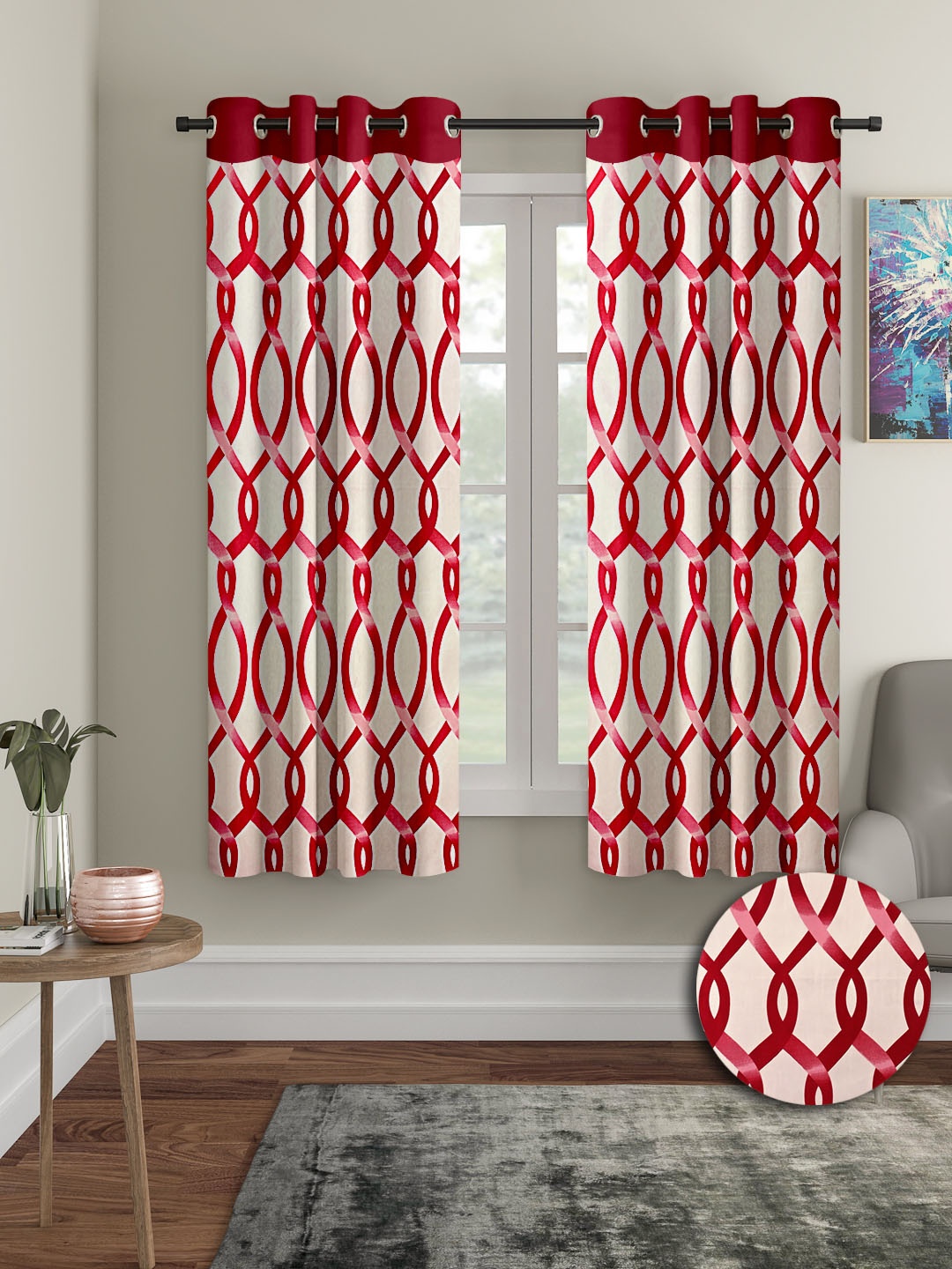 Cortina Maroon & White 2 Pieces Abstract Printed Window Curtains