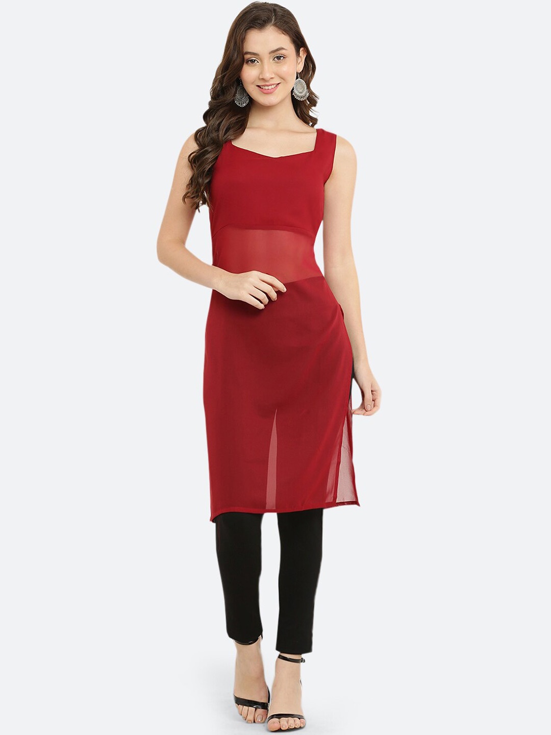 

VESICLE V-Neck Sheer Sleeveless Georgette Kurta, Maroon