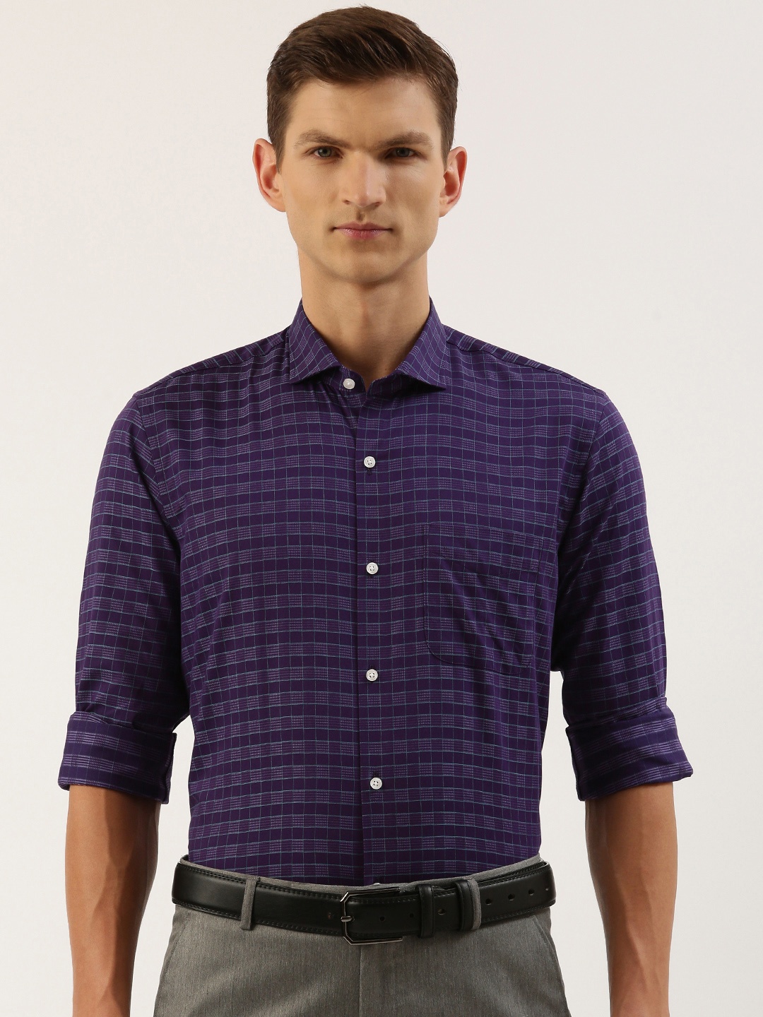 

Peter England Men Slim Fit Opaque Checked Formal Shirt, Purple