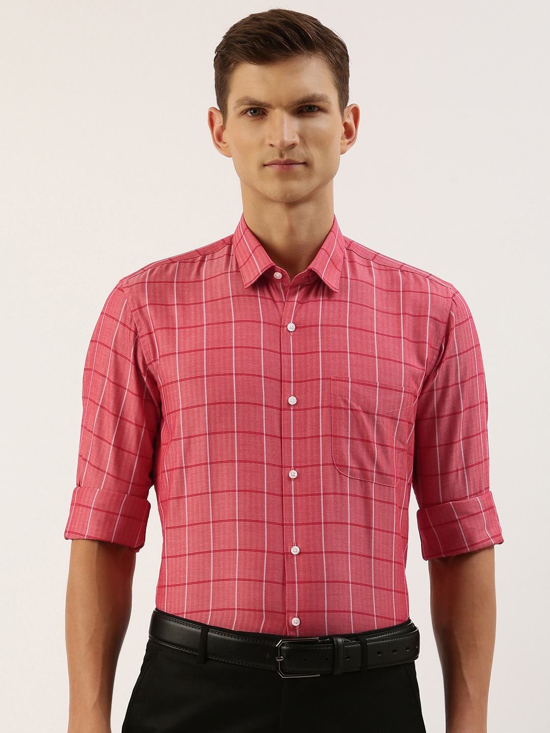 

Peter England Men Slim Fit Grid Tattersall Checked Formal Shirt, Red