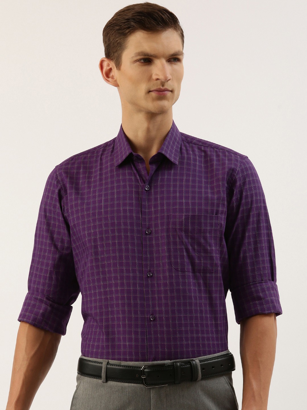 

Peter England Men Slim Fit Grid Tattersall Checked Casual Shirt, Purple
