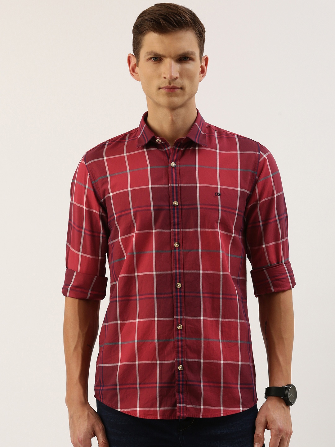 

Peter England Men Slim Fit Opaque Checked Casual Shirt, Red