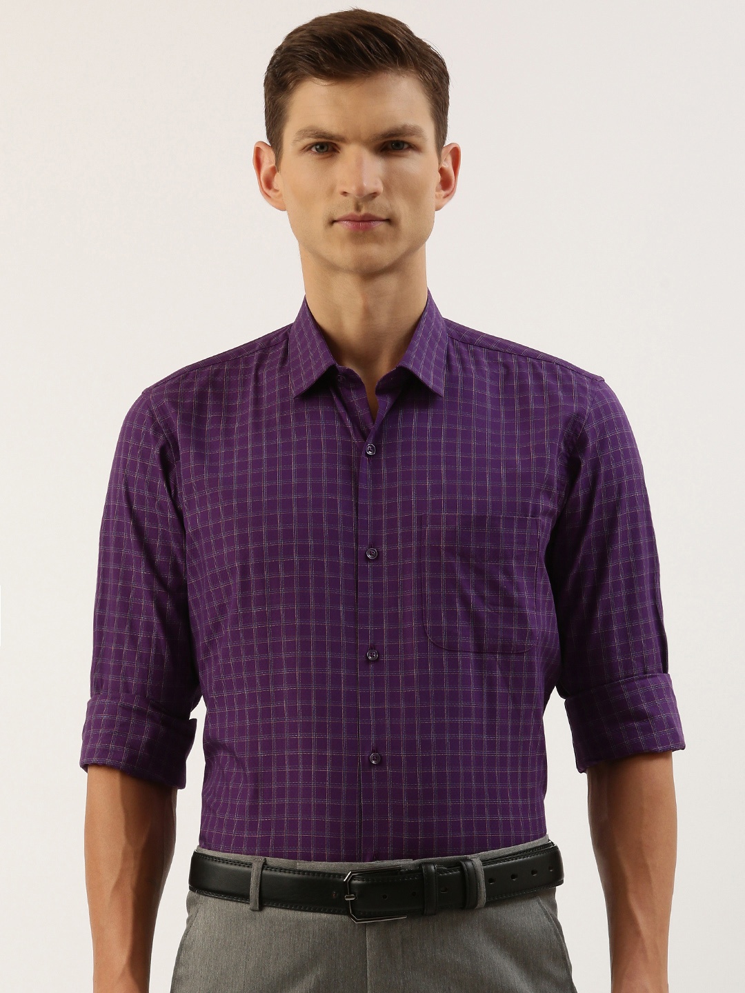 

Peter England Men Slim Fit Opaque Checked Formal Shirt, Purple