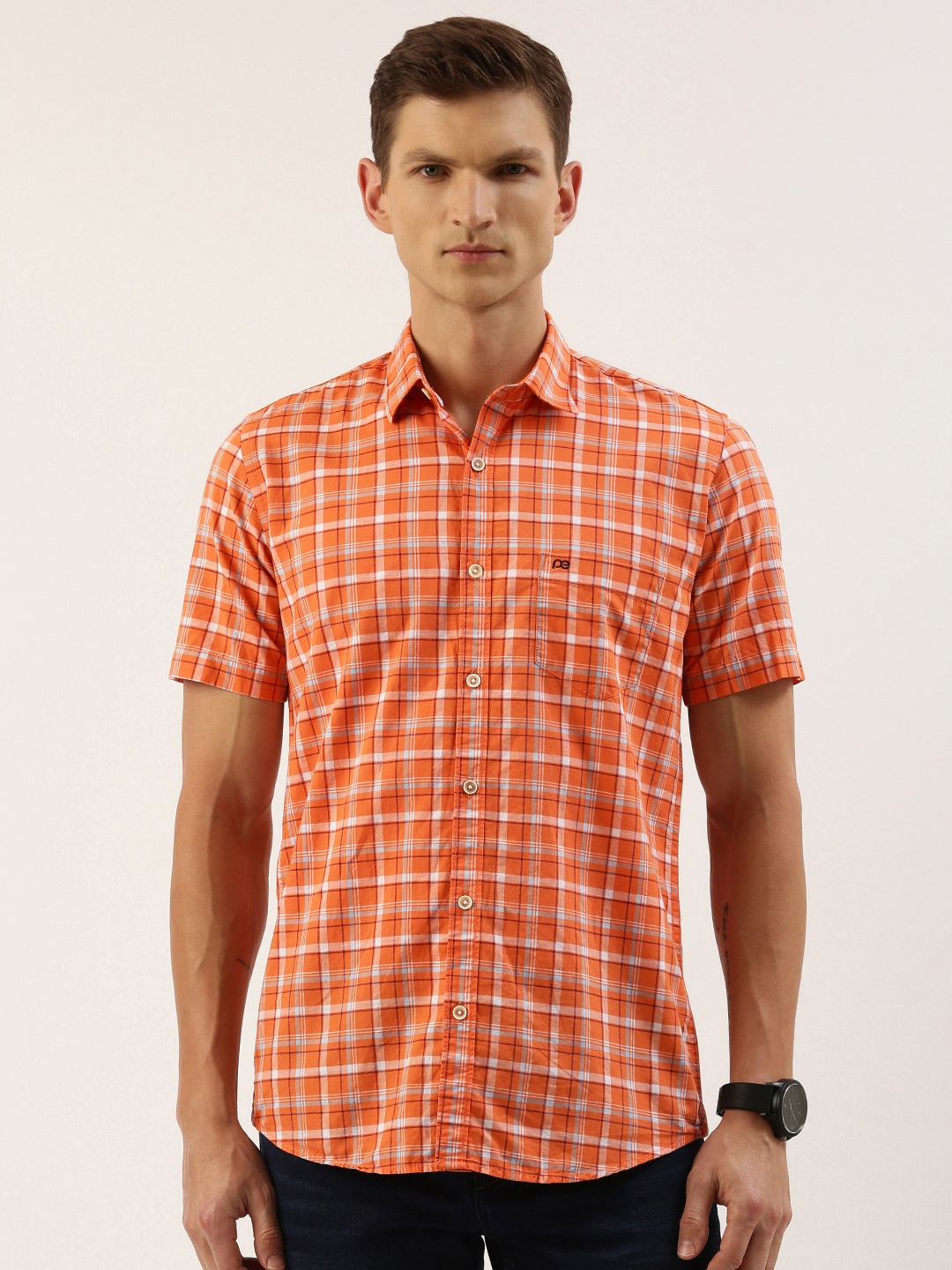 

Peter England Men Slim Fit Tartan Checked Casual Shirt, Orange