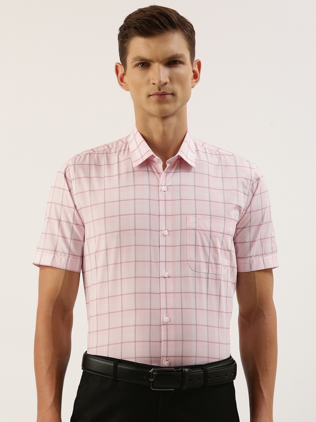 

Peter England Men Slim Fit Grid Tattersall Checked Formal Shirt, Pink