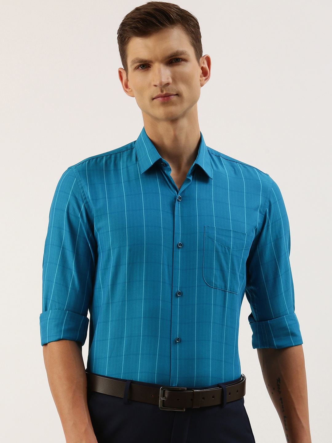 

Peter England Men Slim Fit Grid Tattersall Checked Formal Shirt, Blue