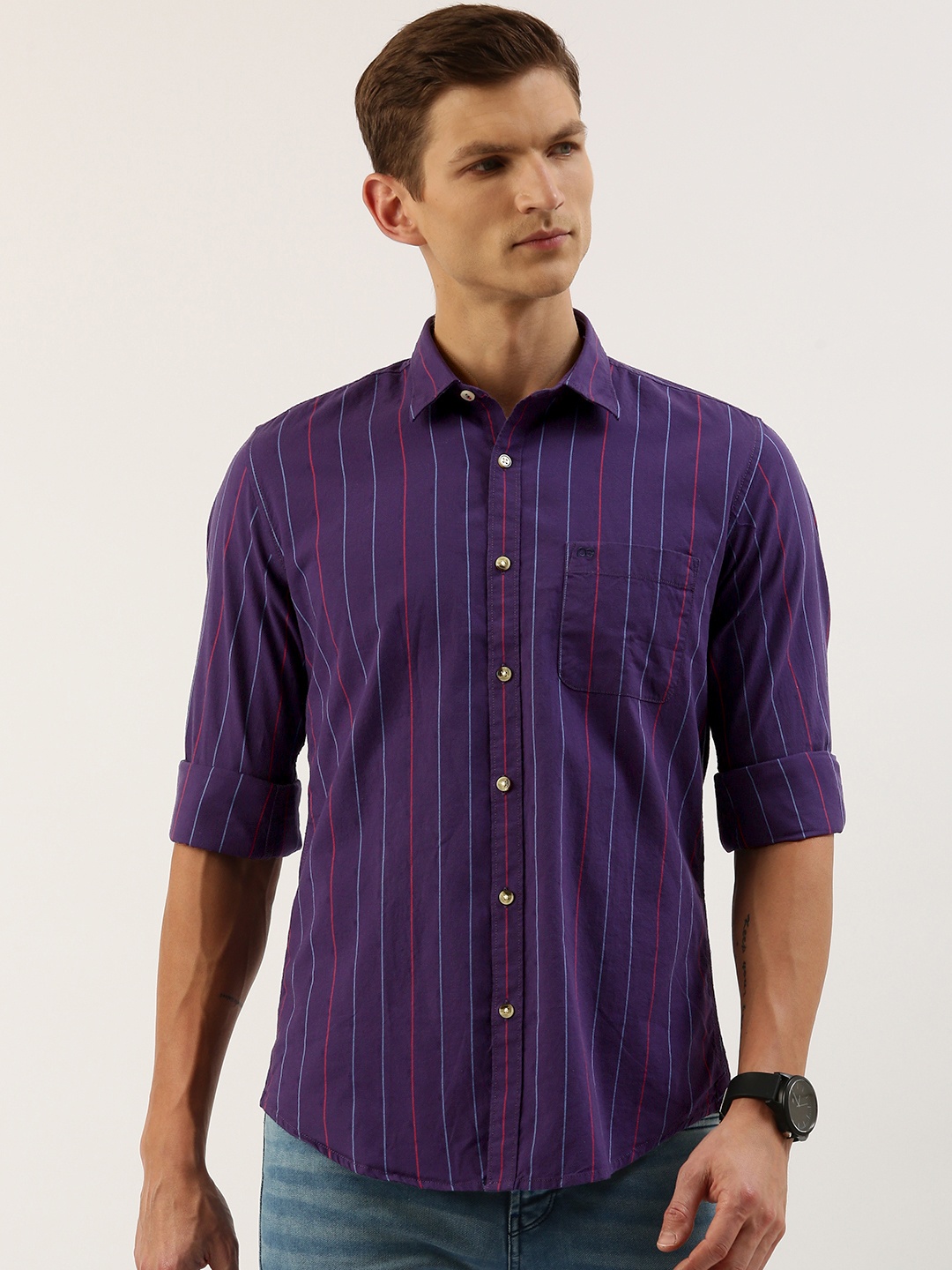 

Peter England Men Slim Fit Opaque Striped Casual Shirt, Purple