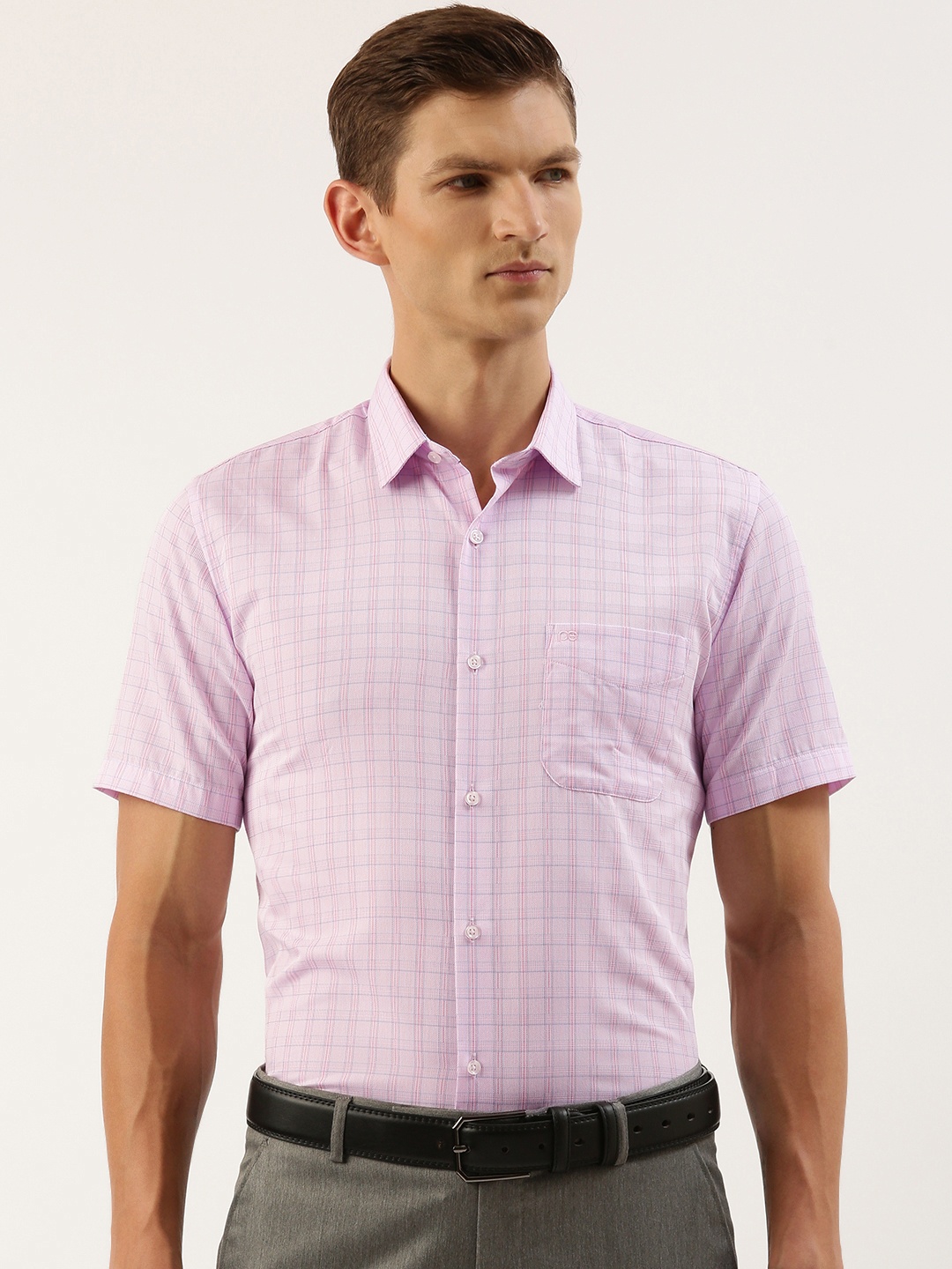 

Peter England Men Slim Fit Opaque Checked Formal Shirt, Pink