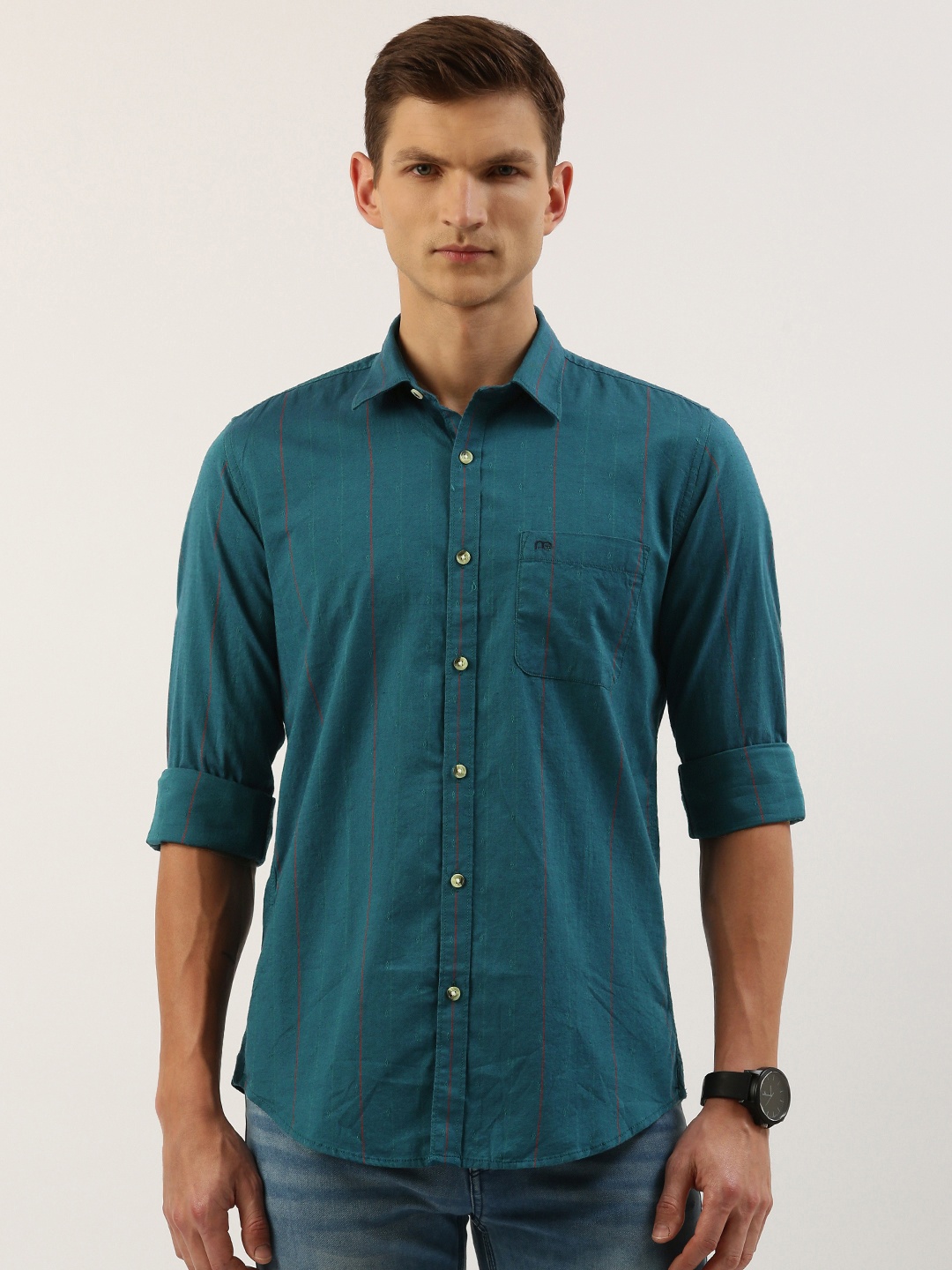 

Peter England Men Slim Fit Striped Casual Shirt, Teal