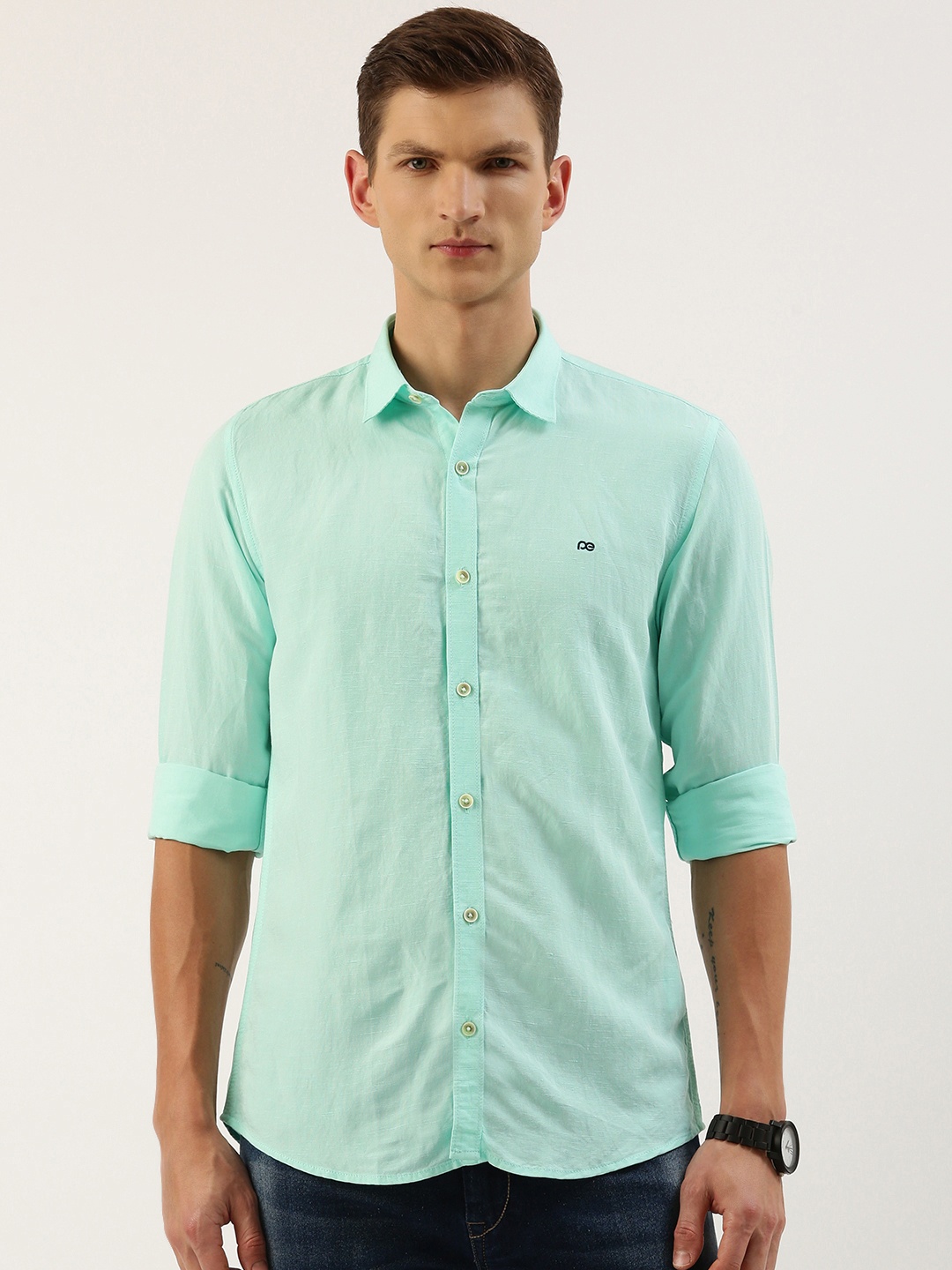 

Peter England Men Slim Fit Opaque Casual Shirt, Turquoise blue