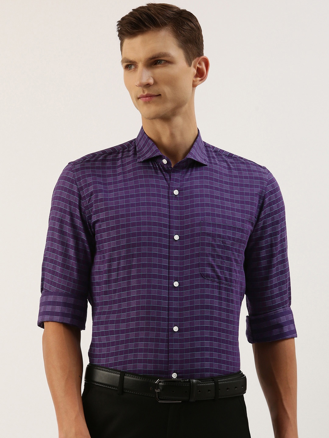 

Peter England Men Slim Fit Opaque Checked Formal Shirt, Purple