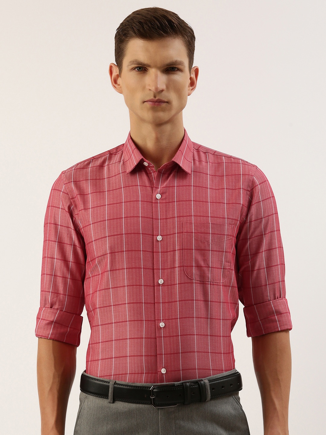 

Peter England Men Slim Fit Grid Tattersall Checked Formal Shirt, Red