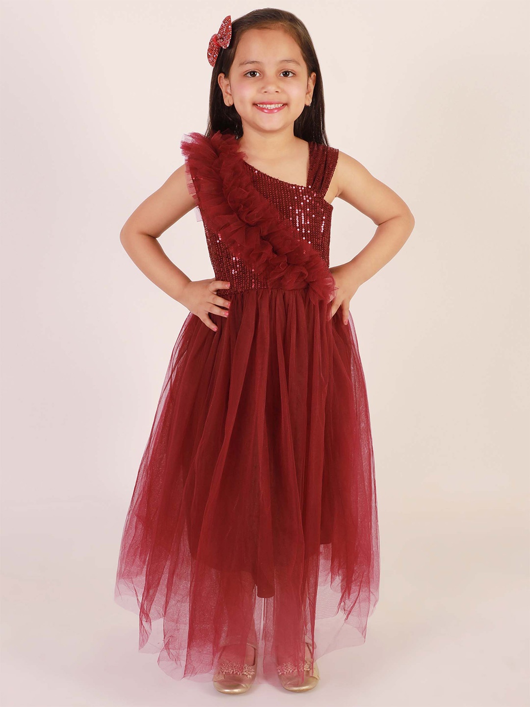 Ameeha Girls Net Fit & Flare Maxi Dress, Maroon