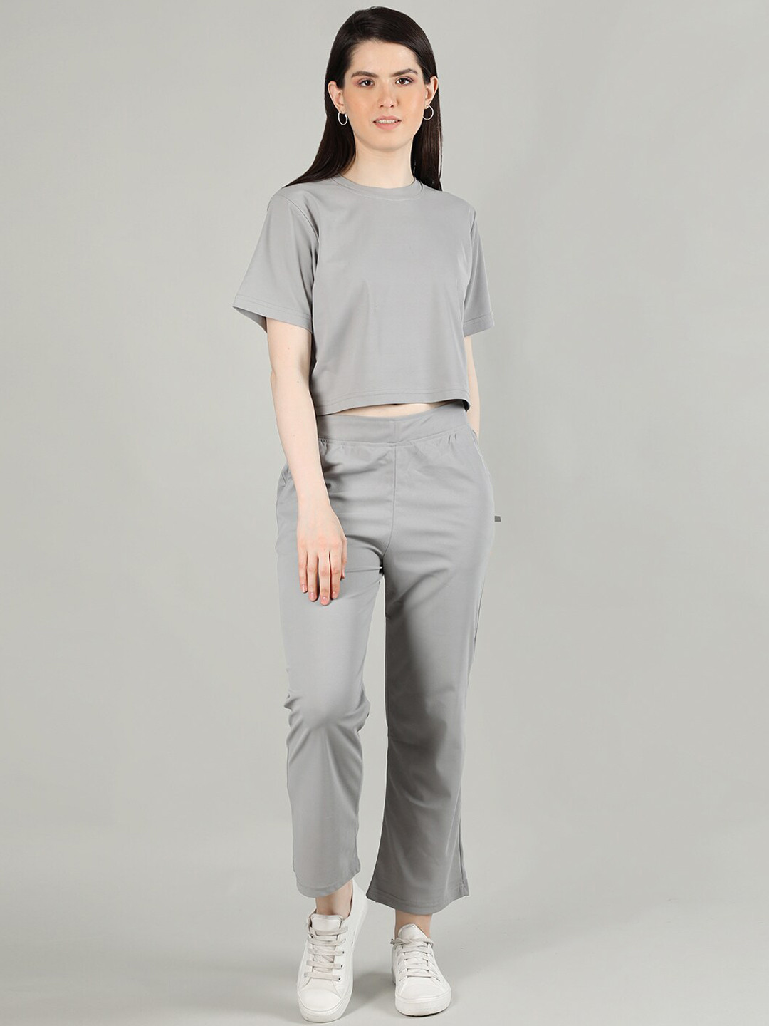 

TYSORT Solid Grey Round Neck Short sleeves Co-Ords Set, Grey melange