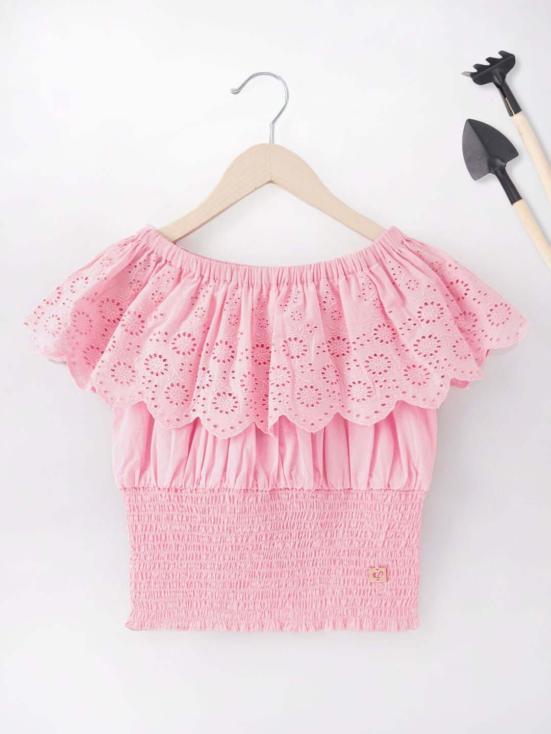 

Ed-a-Mamma Girls Off-Shoulder Smocked Schiffli Cotton Bardot Top, Pink