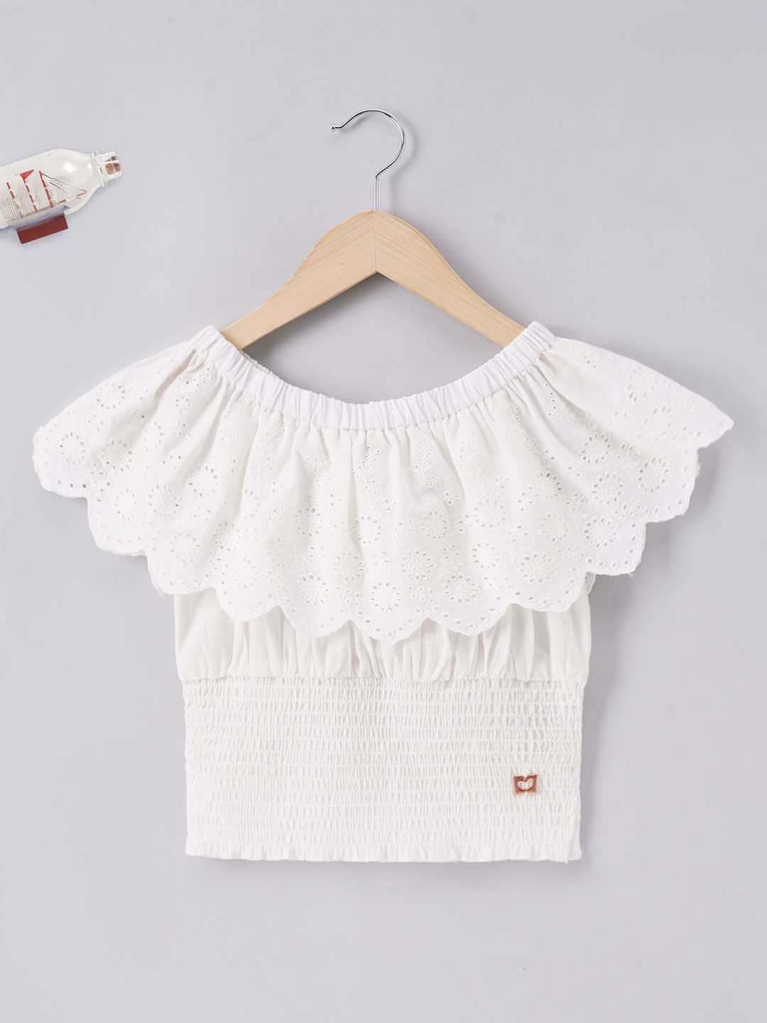 

Ed-a-Mamma Girls Off-Shoulder Smocked Schiffli Cotton Bardot Top, White