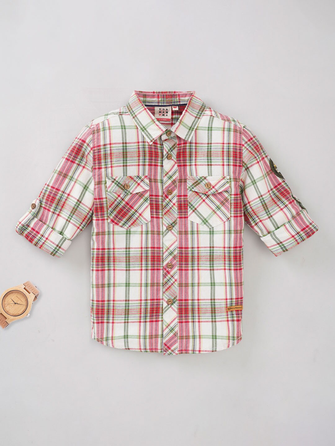 

Ed-a-Mamma Boys Spread Collar Tartan Checked Cotton Casual Shirt, Red