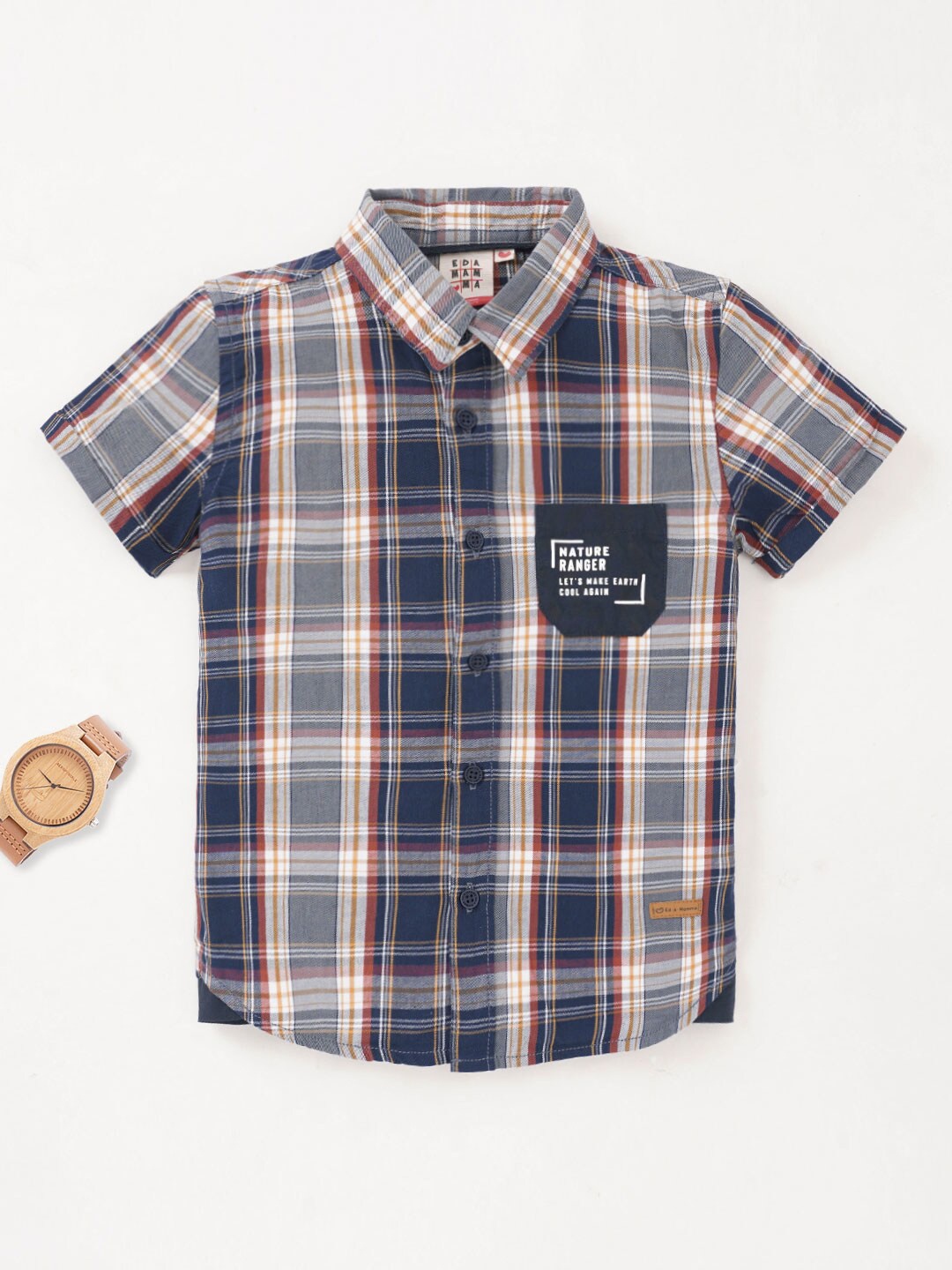 

Ed-a-Mamma Boys Checked Spread Collar Short Sleeves Casual Shirt, Navy blue