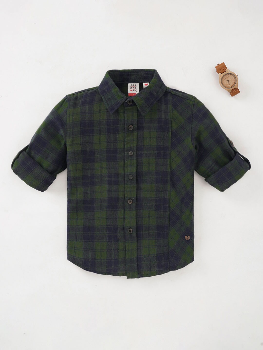 

Ed-a-Mamma Boys Checked Spread Collar Short Sleeves Casual Shirt, Green