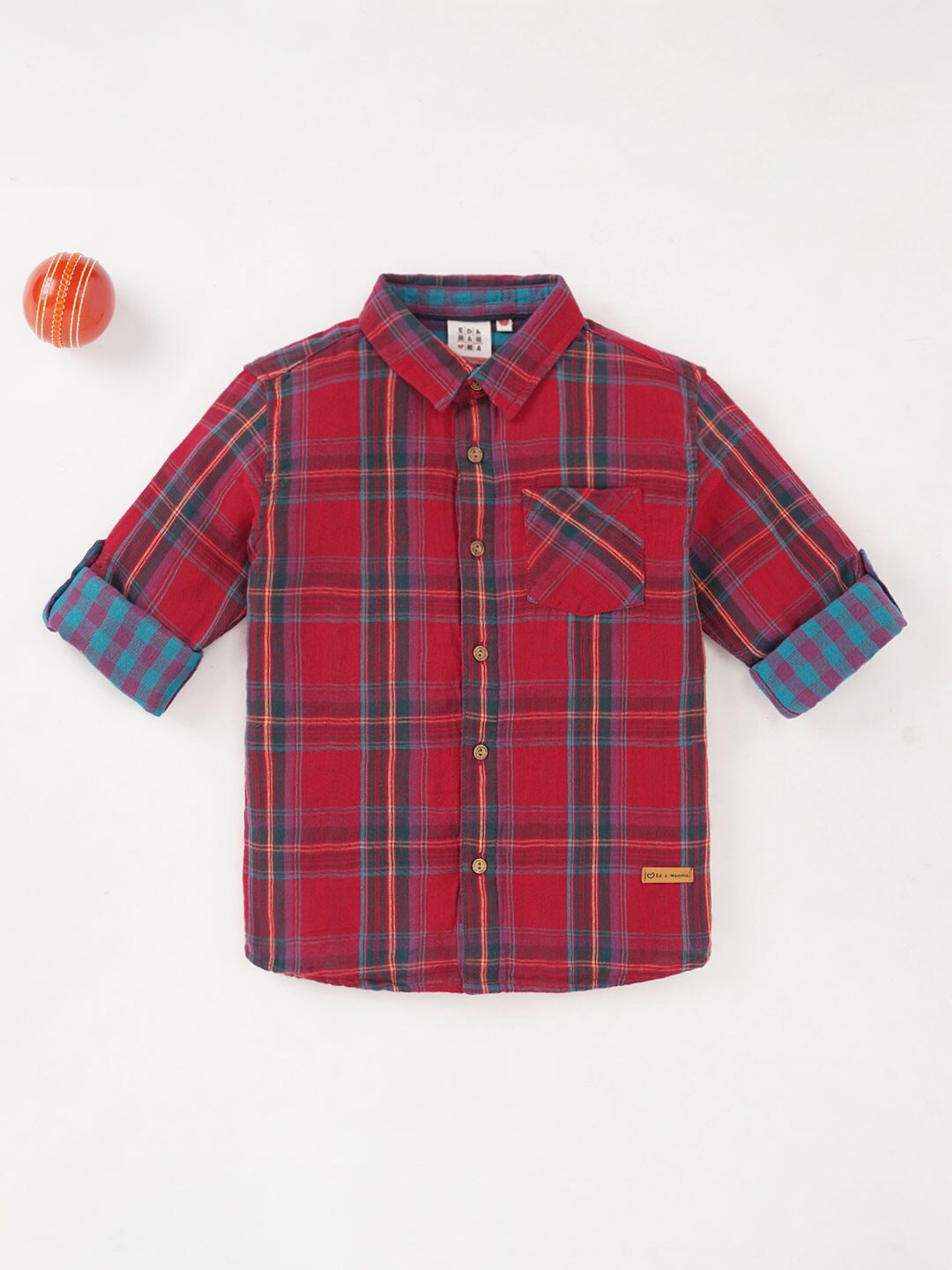 

Ed-a-Mamma Boys Checked Spread Collar Short Sleeves Casual Shirt, Red