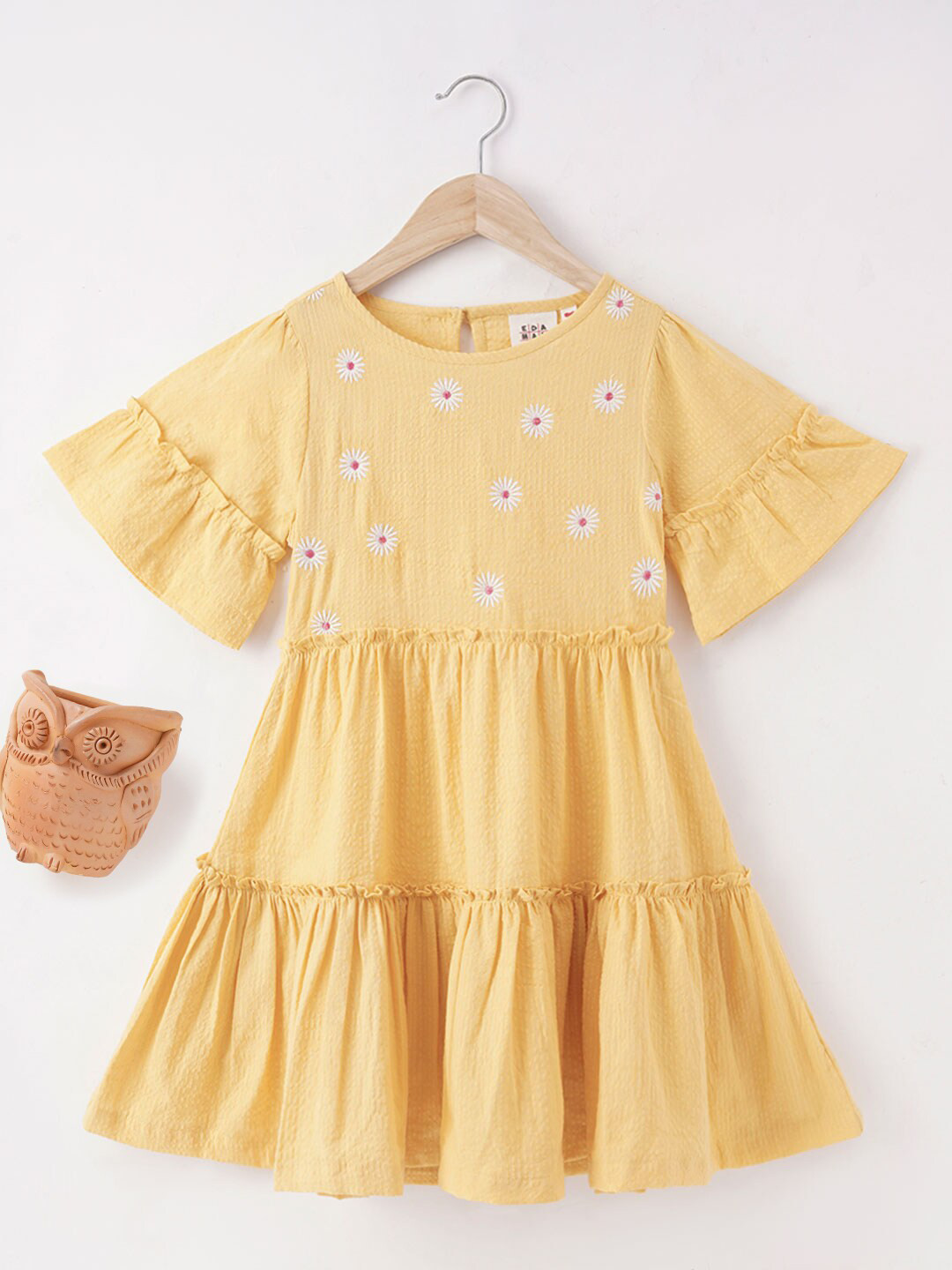 

Ed-a-Mamma Girls Floral Embroidered Bell Sleeves Tiered Cotton Fit & Flare Dress, Yellow