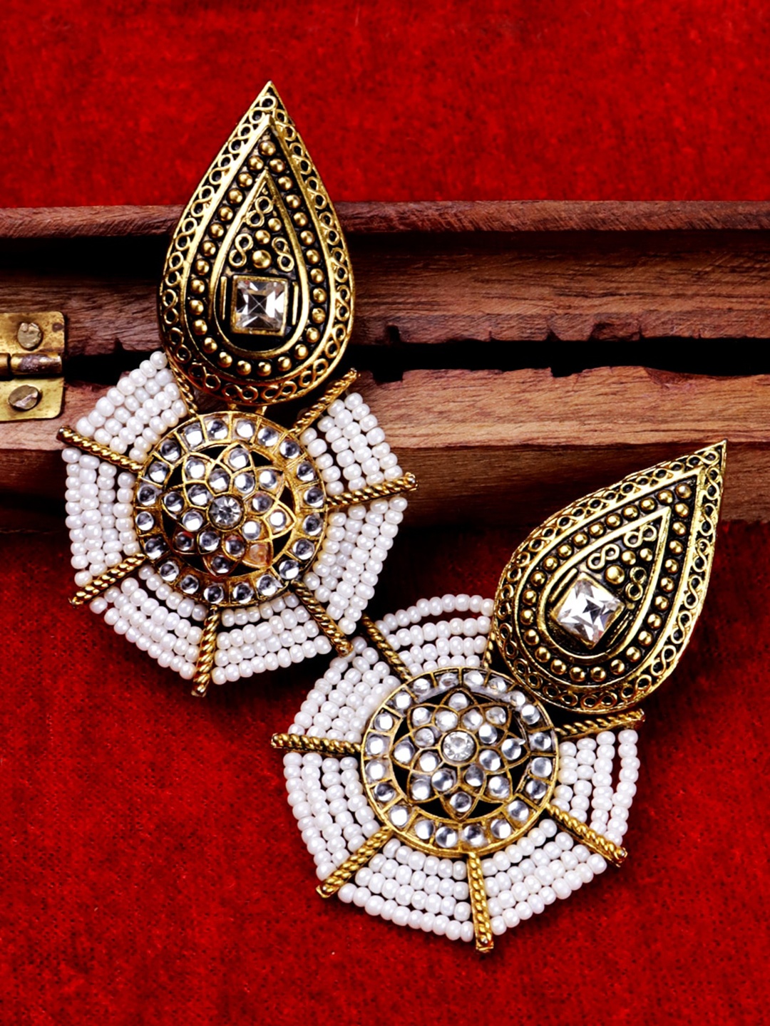 

VAGHBHATT Classic Stone Studded & Beaded Drop Earrings, Gold