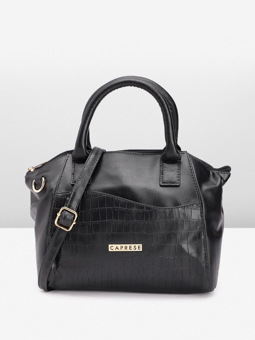 

Caprese Solid Structured Handheld Bag With Minimal Crocodile Textured Detail, Black