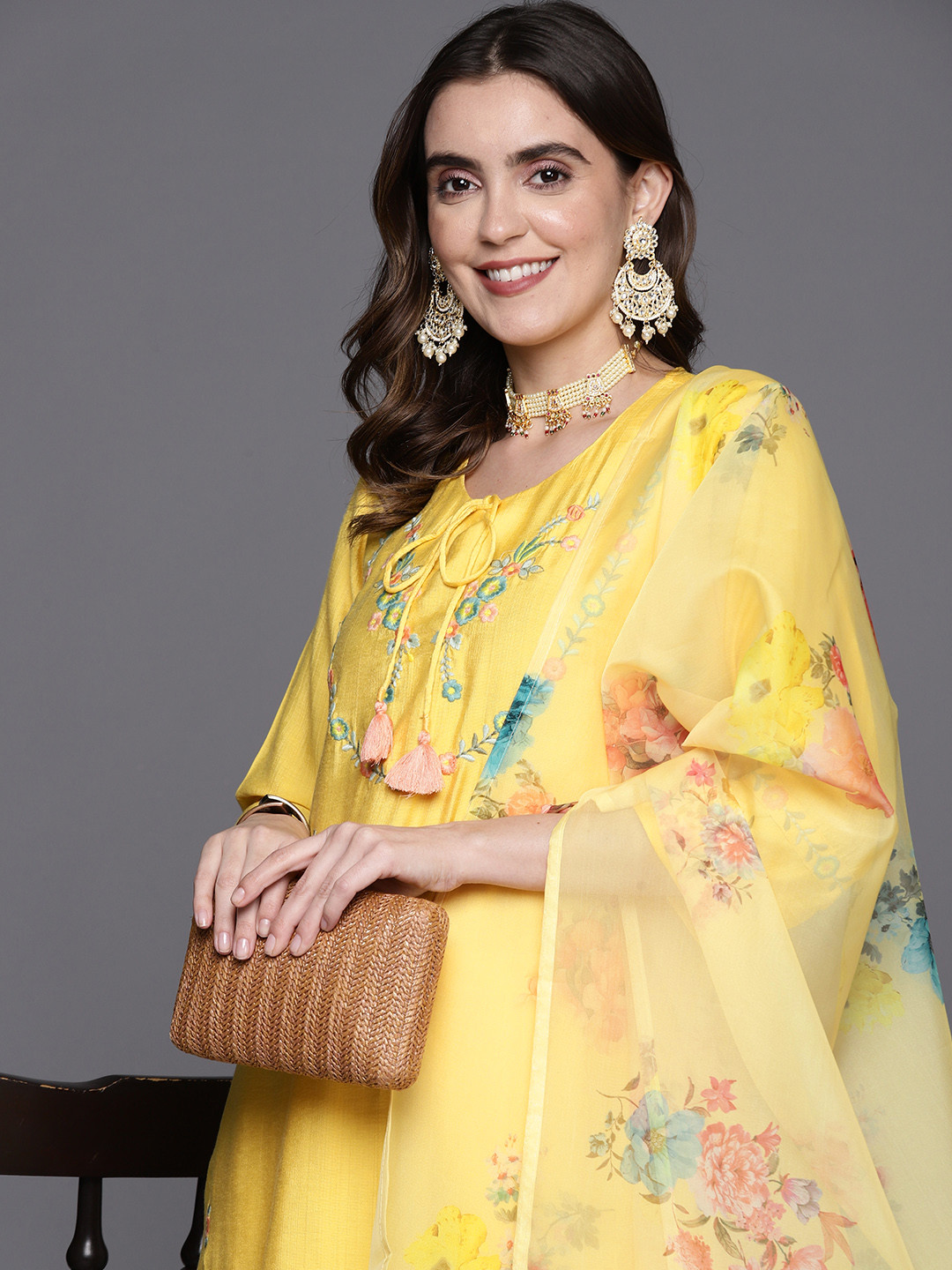 

Indo Era Floral Embroidered Regular Thread Work Kurta with Trousers & With Dupatta, Yellow