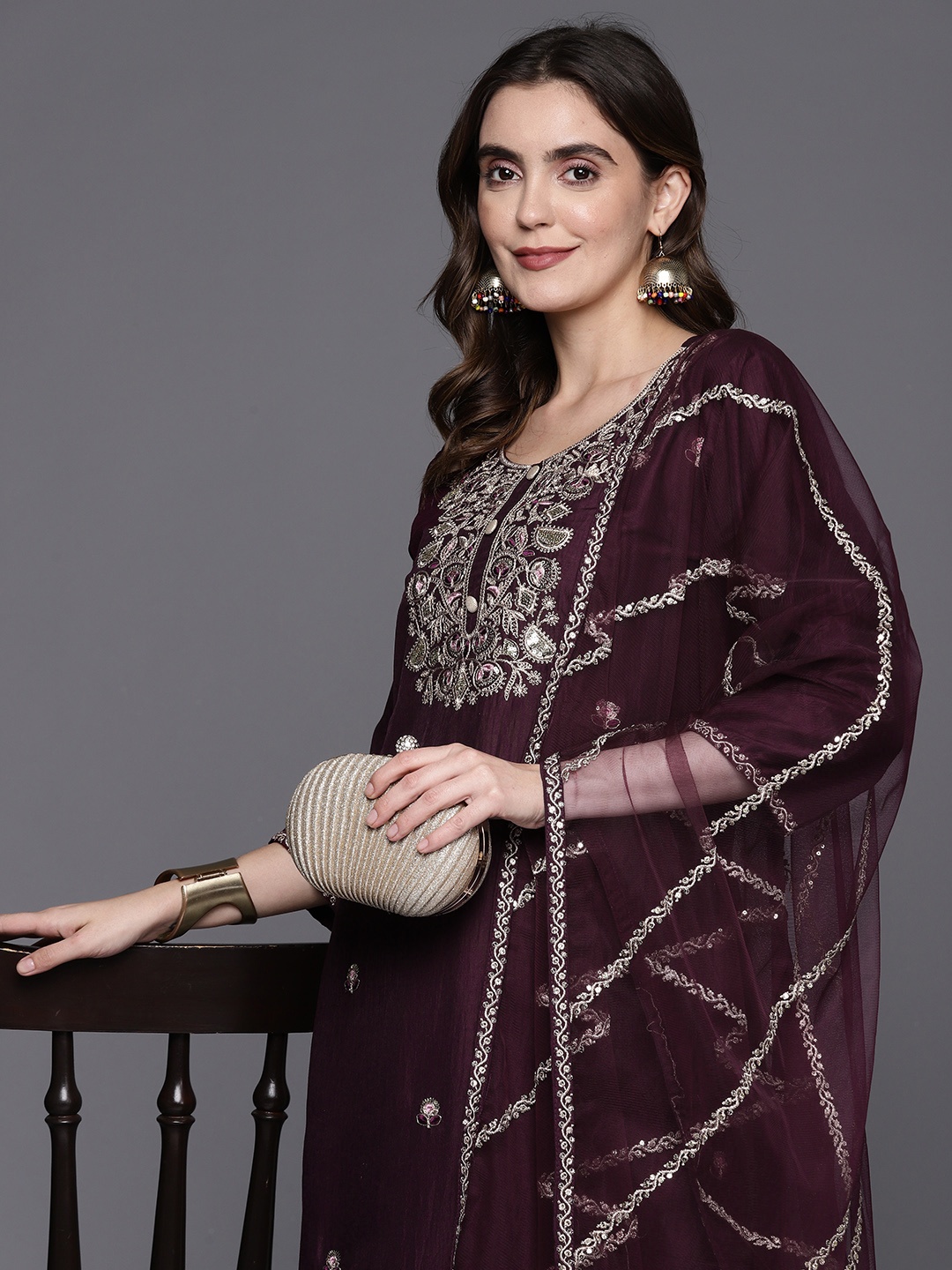 

Indo Era Women Ethnic Motifs Embroidered Sequinned Kurta with Palazzos & With Dupatta, Burgundy