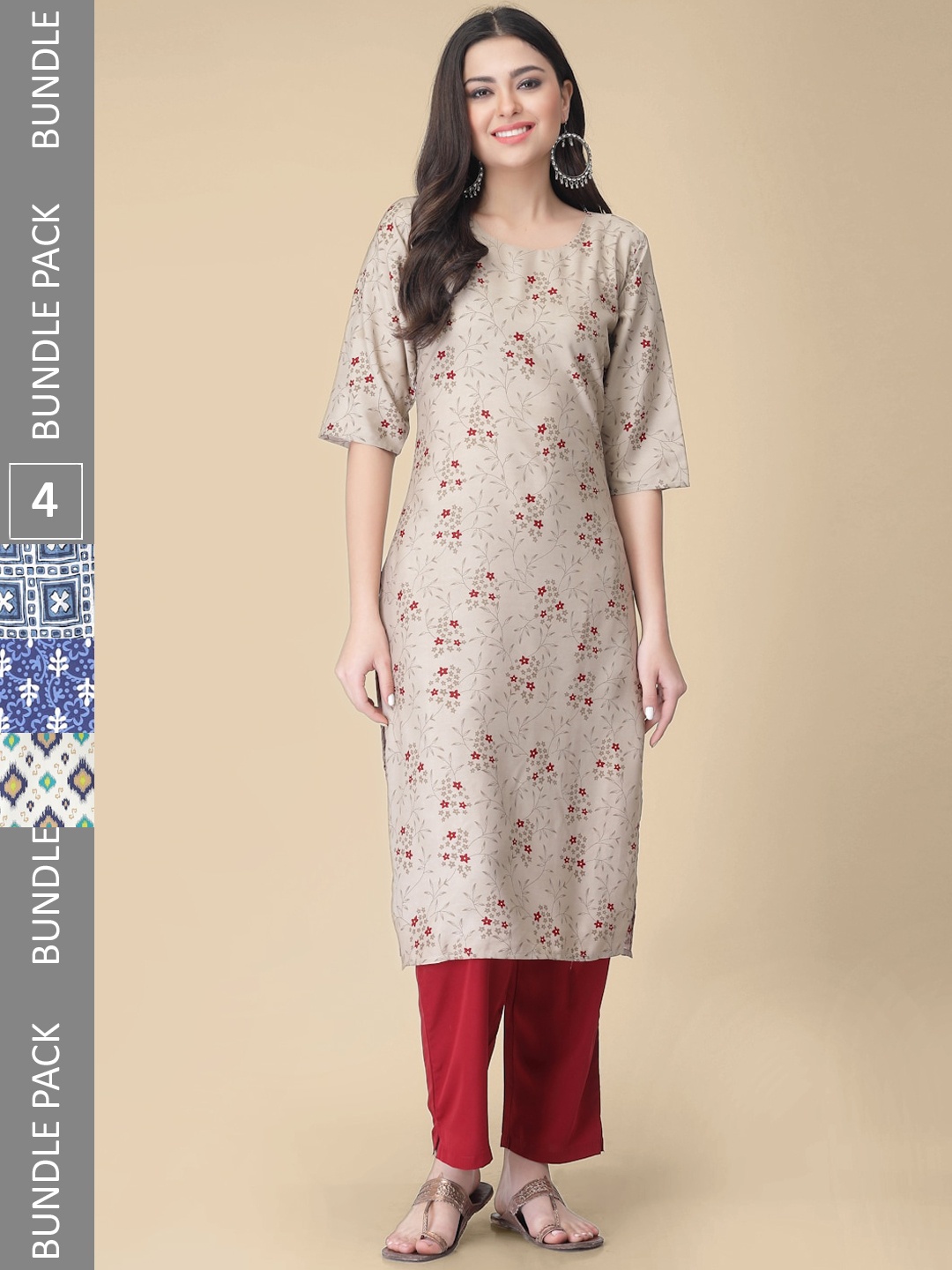 

KALINI Pack of 4 Ethnic Printed Crepe Straight Kurtas, Red