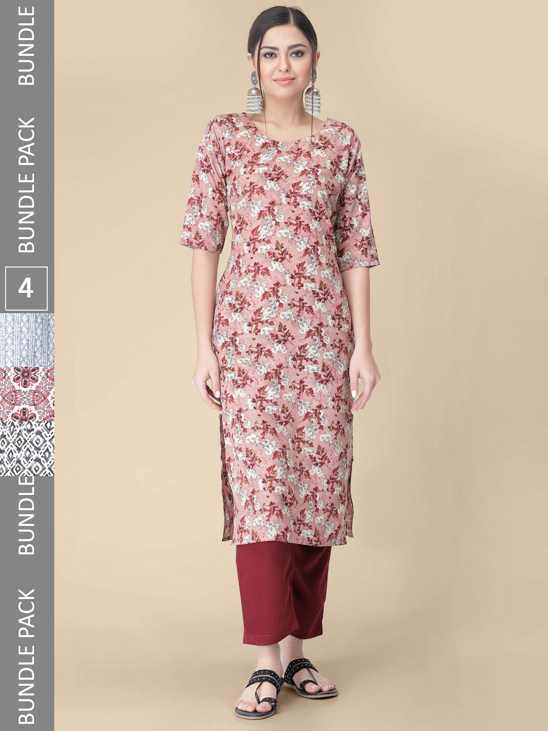 

KALINI Selection Of 4 Printed Round Neck Kurtas, Red