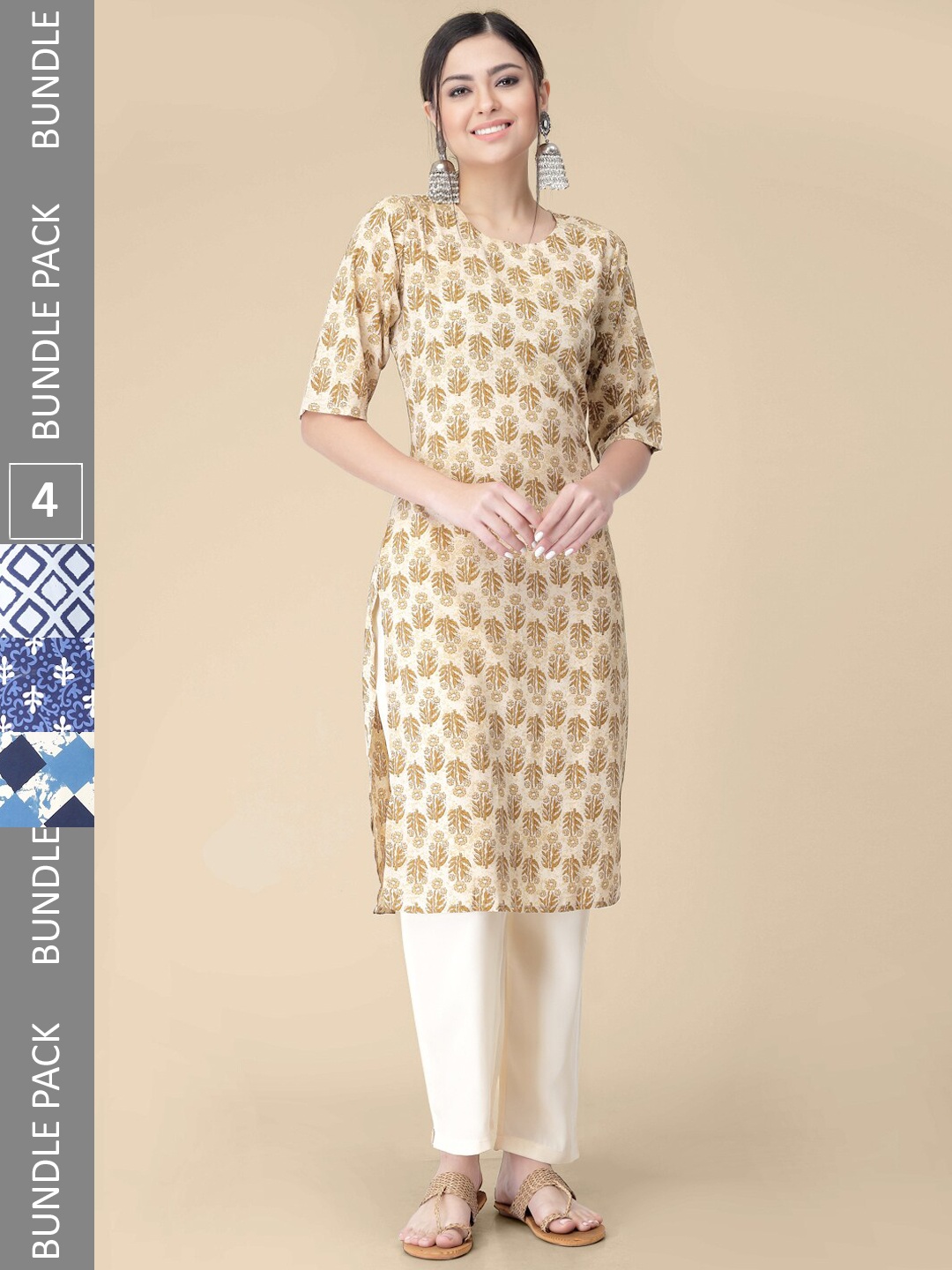 

KALINI Pack of 4 Geometric Motifs Printed Crepe Straight Kurtas, Beige