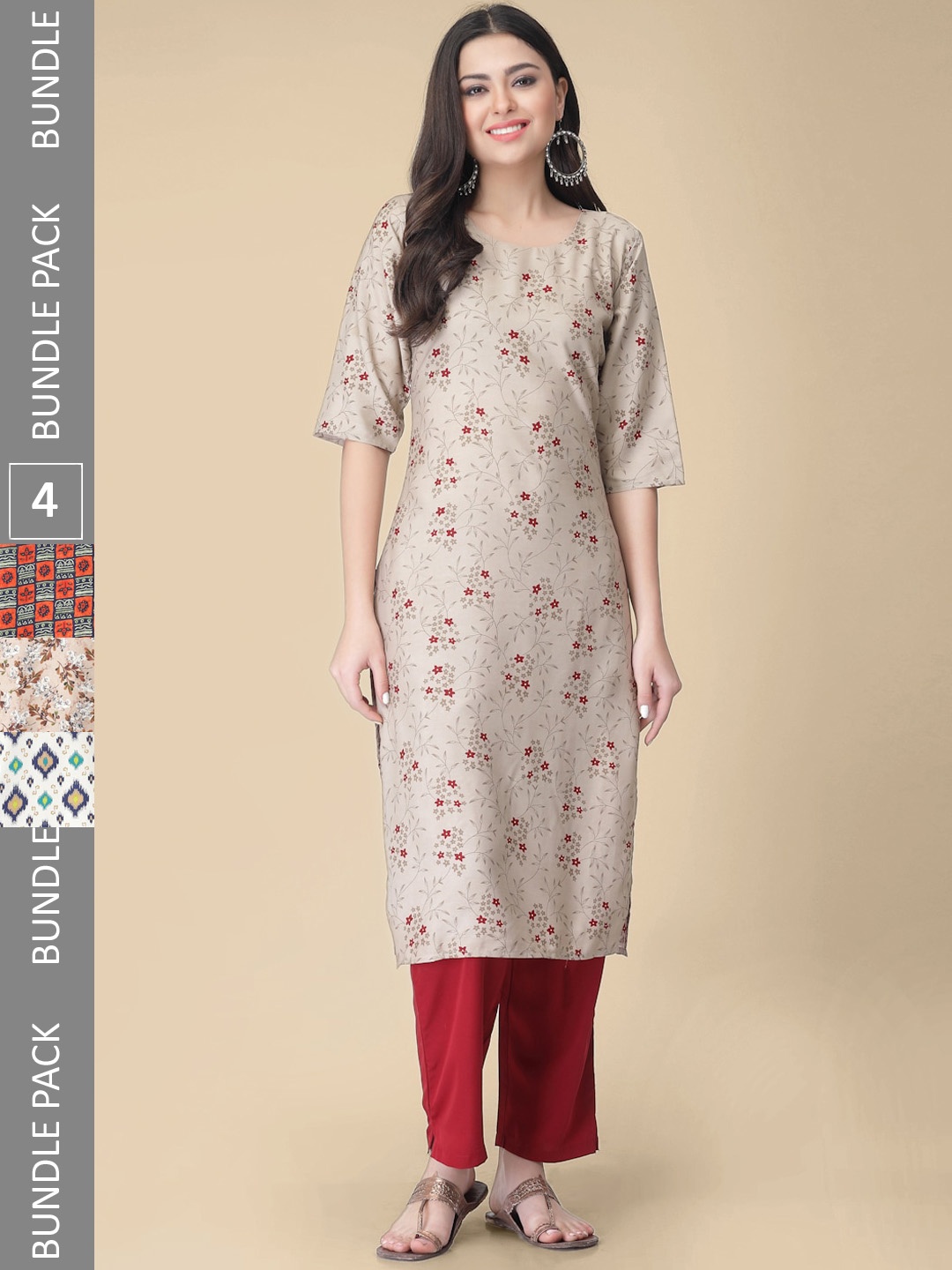 

KALINI Selection Of 4 Printed Round Neck Kurtas, Beige