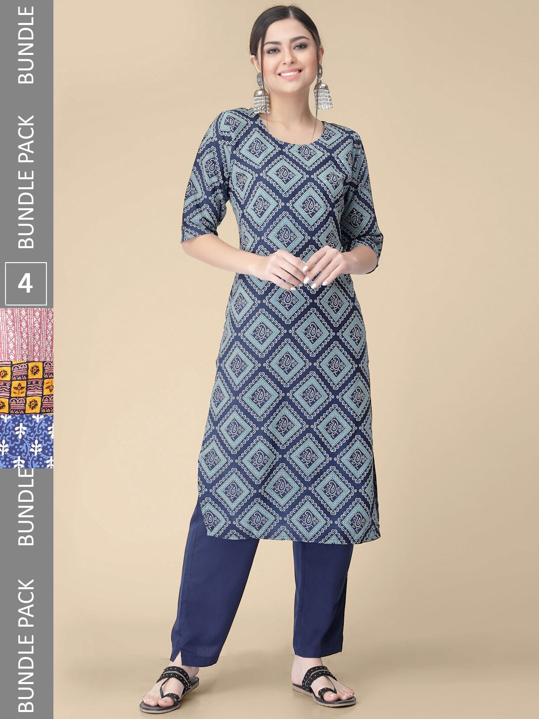 

KALINI Pack Of 4 Ethnic Motifs Printed Crepe Kurtas, Navy blue