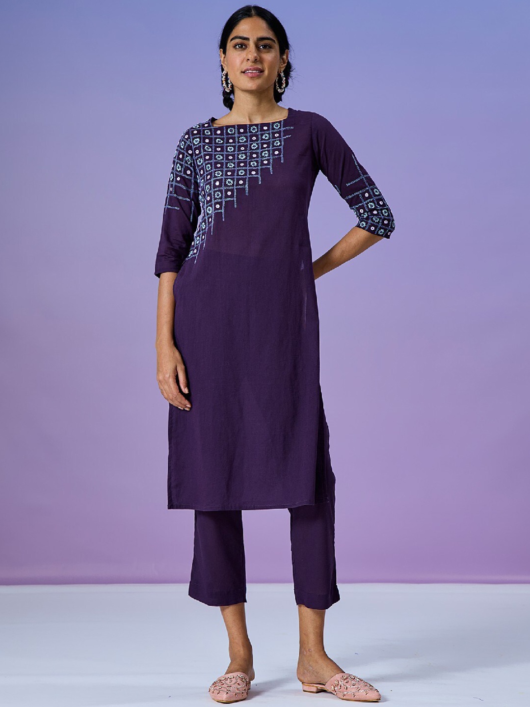 

OKHAI Ethnic Motifs Embroidered Square Neck Mirror Work Pure Cotton Kurta With Trousers, Purple