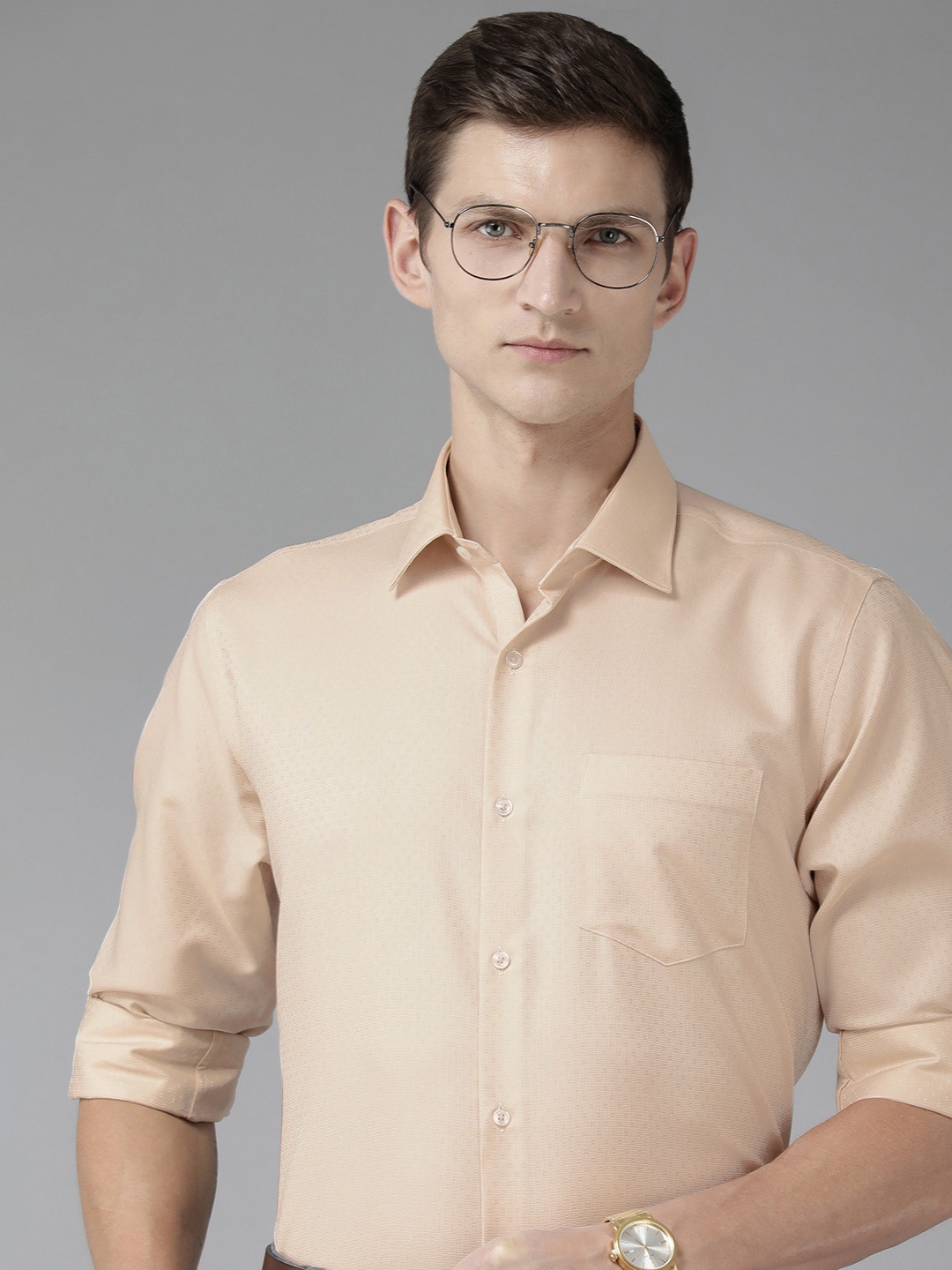 

Van Heusen Custom Fit Self Design Pure Cotton Formal Shirt, Beige