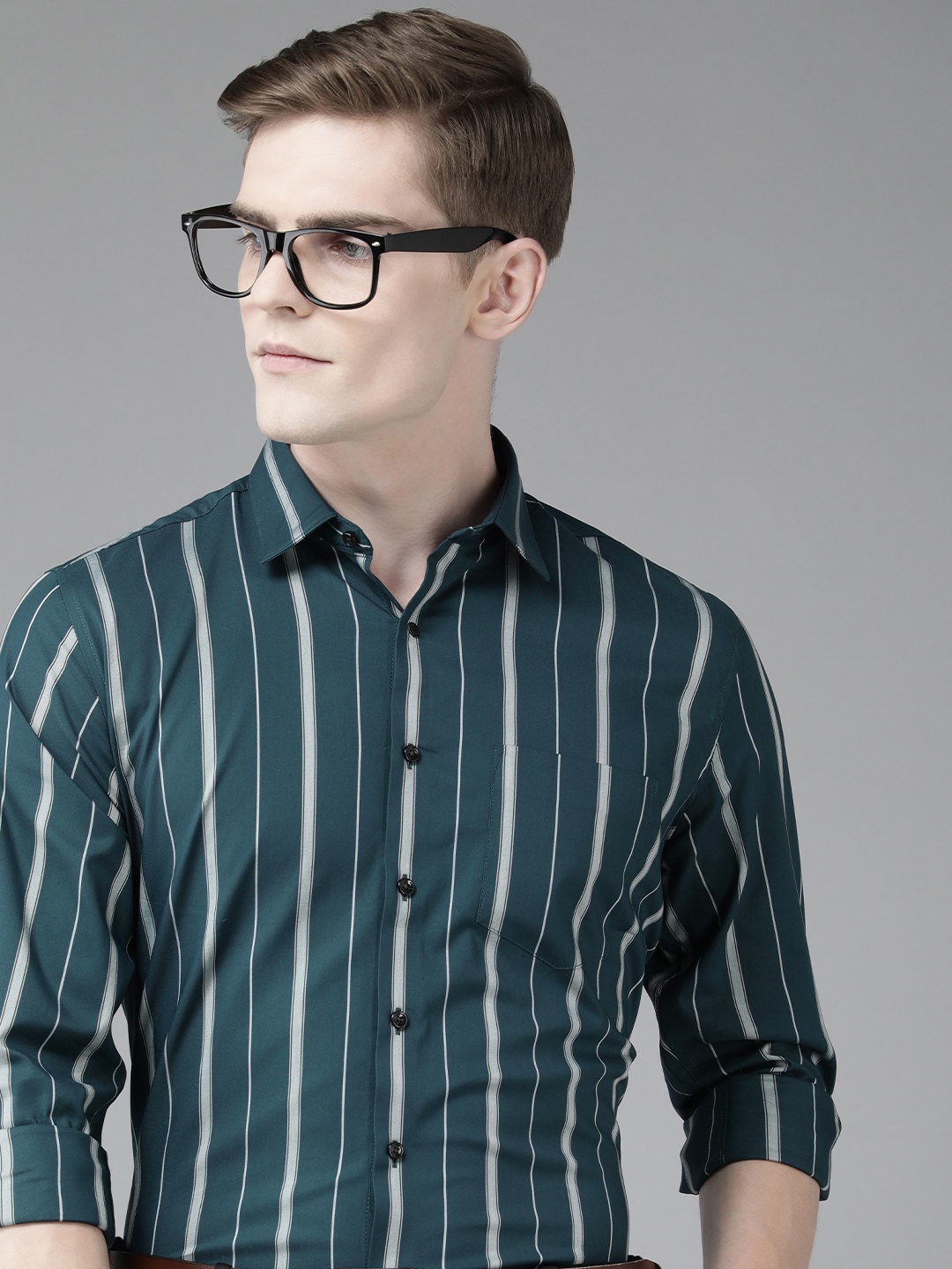 

Van Heusen Men Slim Fit Opaque Striped Formal Shirt, Teal