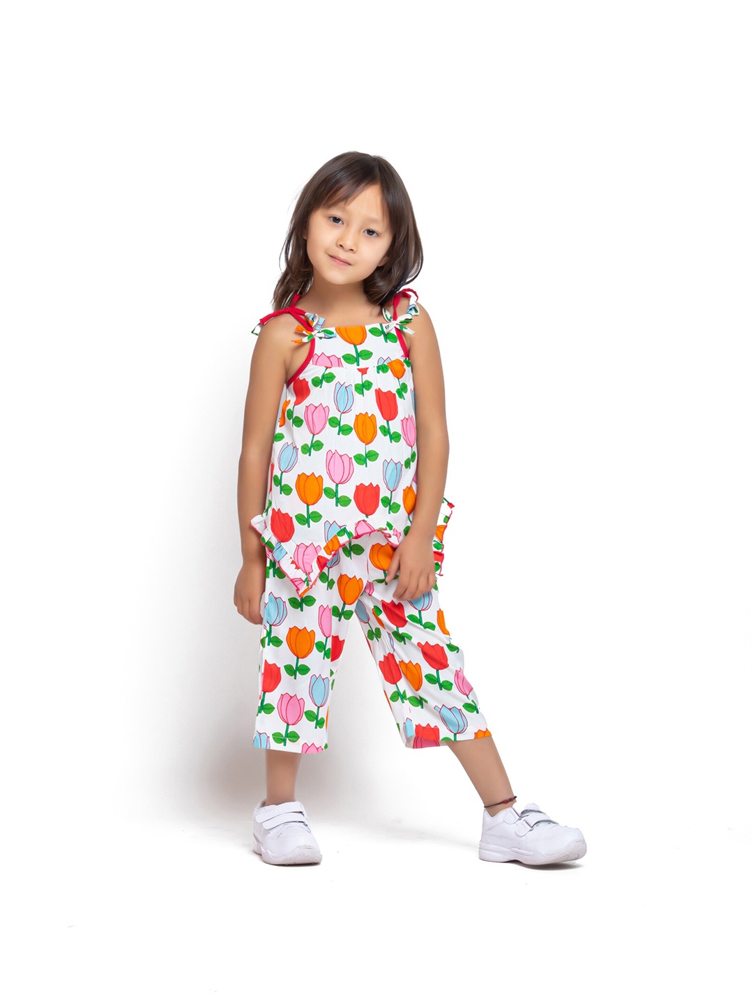 

My Little Lambs Girls Floral Printed Shoulder Straps Top with Trousers, White