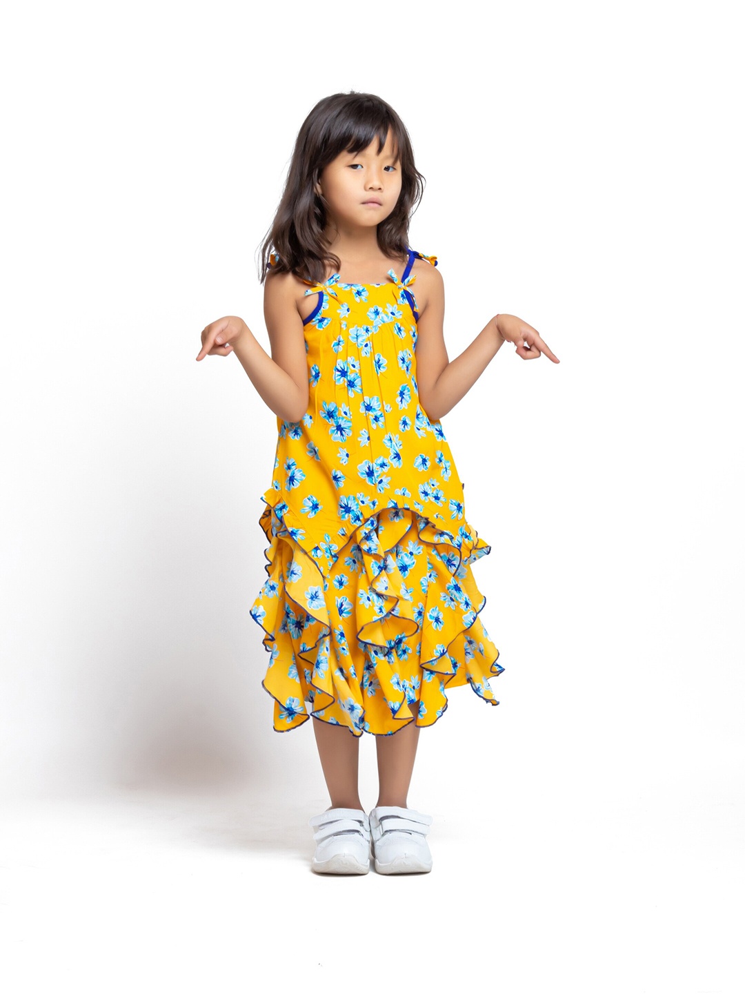 

My Little Lambs Girls Floral Printed Shoulder Straps Top with Skirt, Yellow