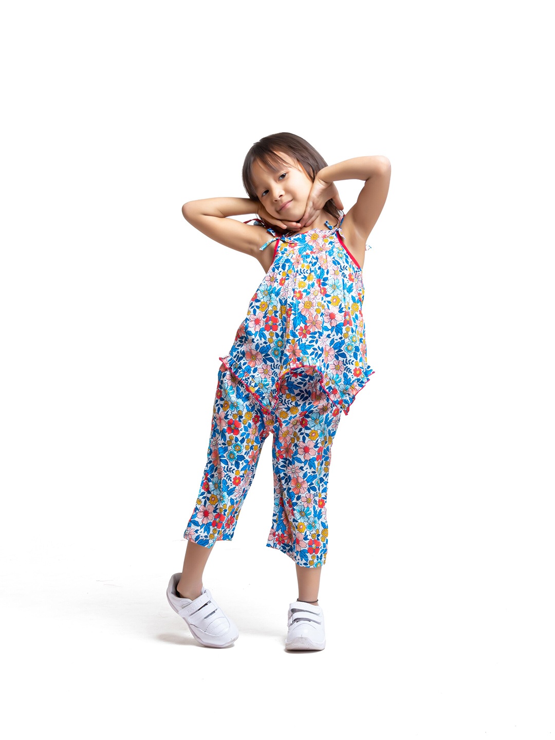 

My Little Lambs Girls Printed Shoulder Straps Top With Capris, Blue
