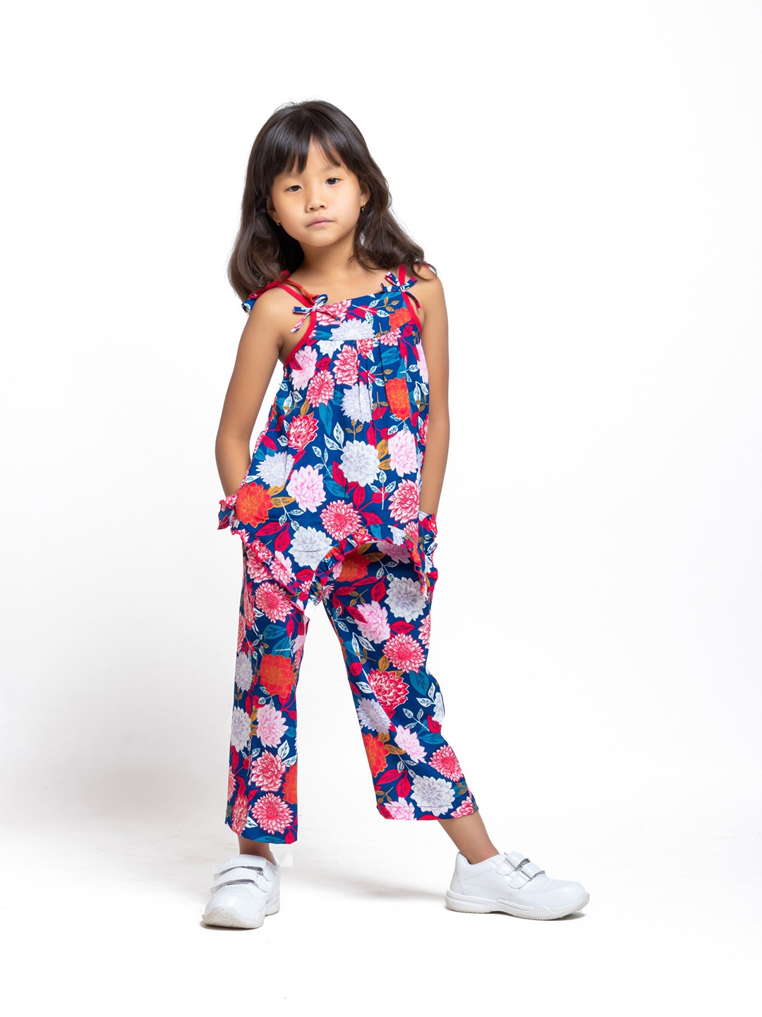 

My Little Lambs Girls Floral Printed Shoulder Straps Top with Palazzos, Blue